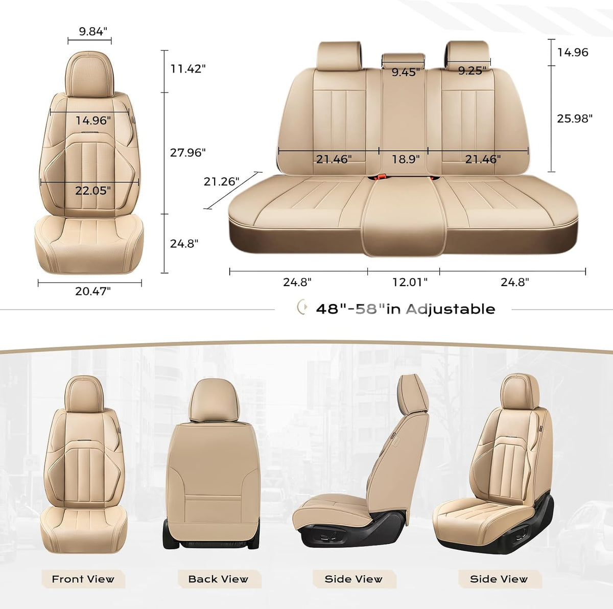 Coverado Nappa Leather Car Seat Covers Full Set, Luxury Waterproof Seat Protectors, Airbag Compatible Anti‑Slip Auto Seat Covers, Universal Fit for Most Cars SUVs Trucks Pickup Vehicles