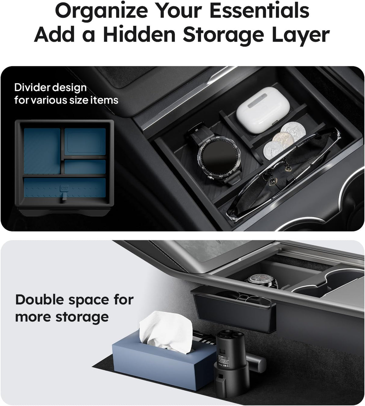 Wigoo Center Console Organizer for Tesla Model Y Juniper (Only Premium & Performance 2025 2026) and All Model 3 Highland Accessories [Double-Layer Storage, Smooth Sliding] 4PCS Black