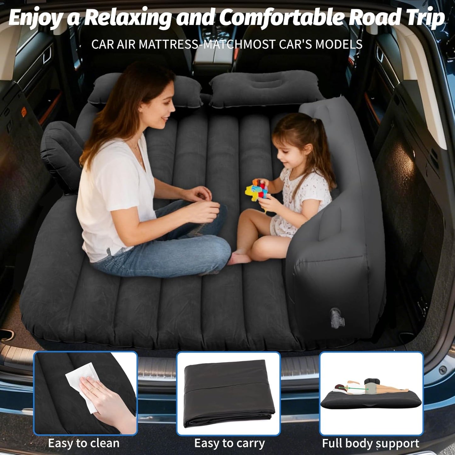 Onirii Inflatable Car Air Mattress Back Seat Bed with Air Pump | 55" (L)x 35" (W) Portable Thickened Car Travel Camping Sleeping Air Mattress Blow Up Bed for Mid-Size,Full-Size Car SUV