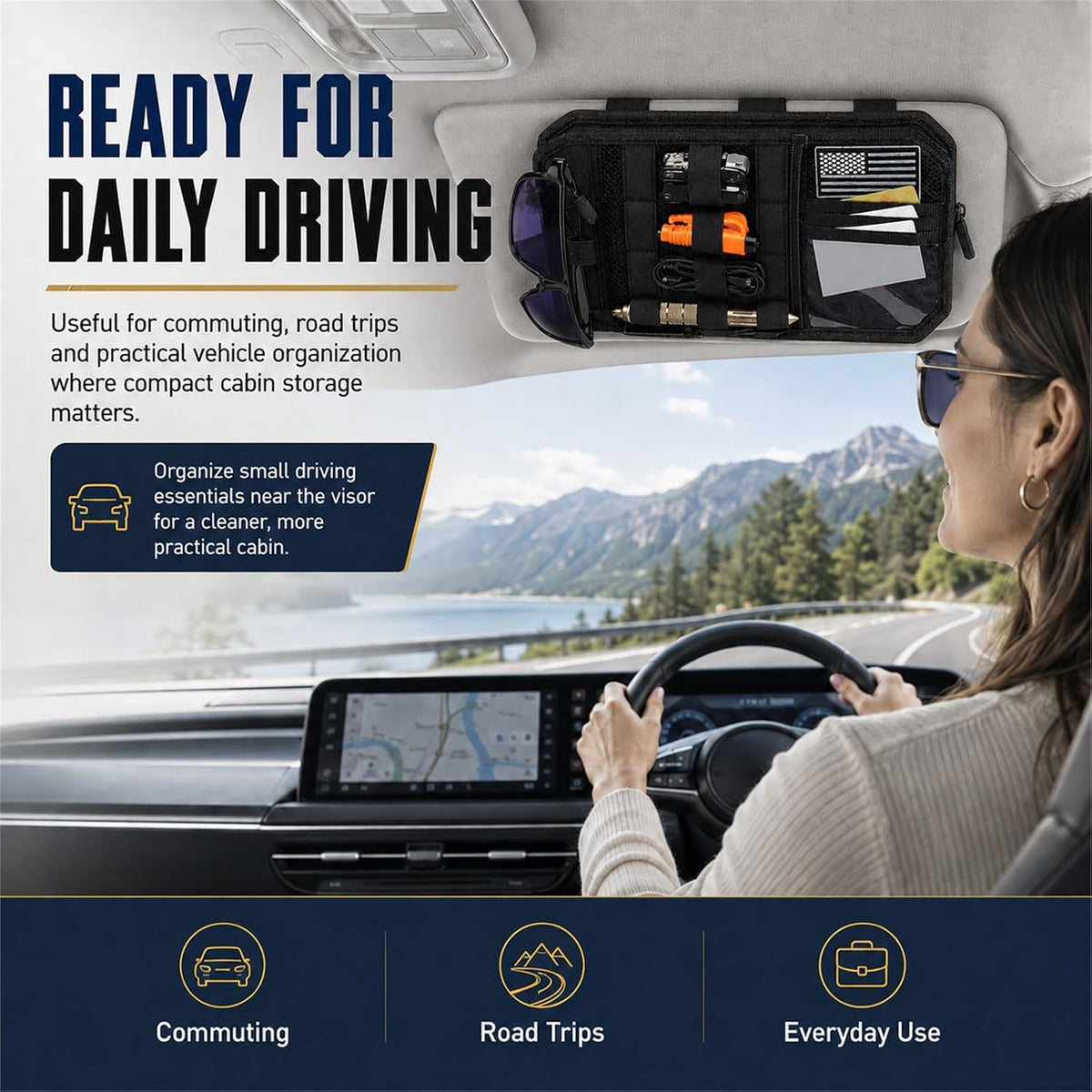 GOOGO Car Sun Visor Organizer, Black Nylon MOLLE Panel with Strap-On Pouch