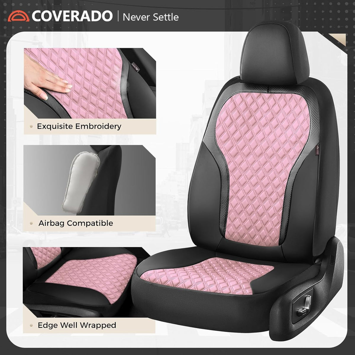 Coverado Seat Covers Front Seats, Luxury Diamond Leather Car Seat Cover, Sports Carbon Fiber Design Waterproof Car Seat Protector, Black Pink Automotive Seat Covers Universal Fit Most Cars