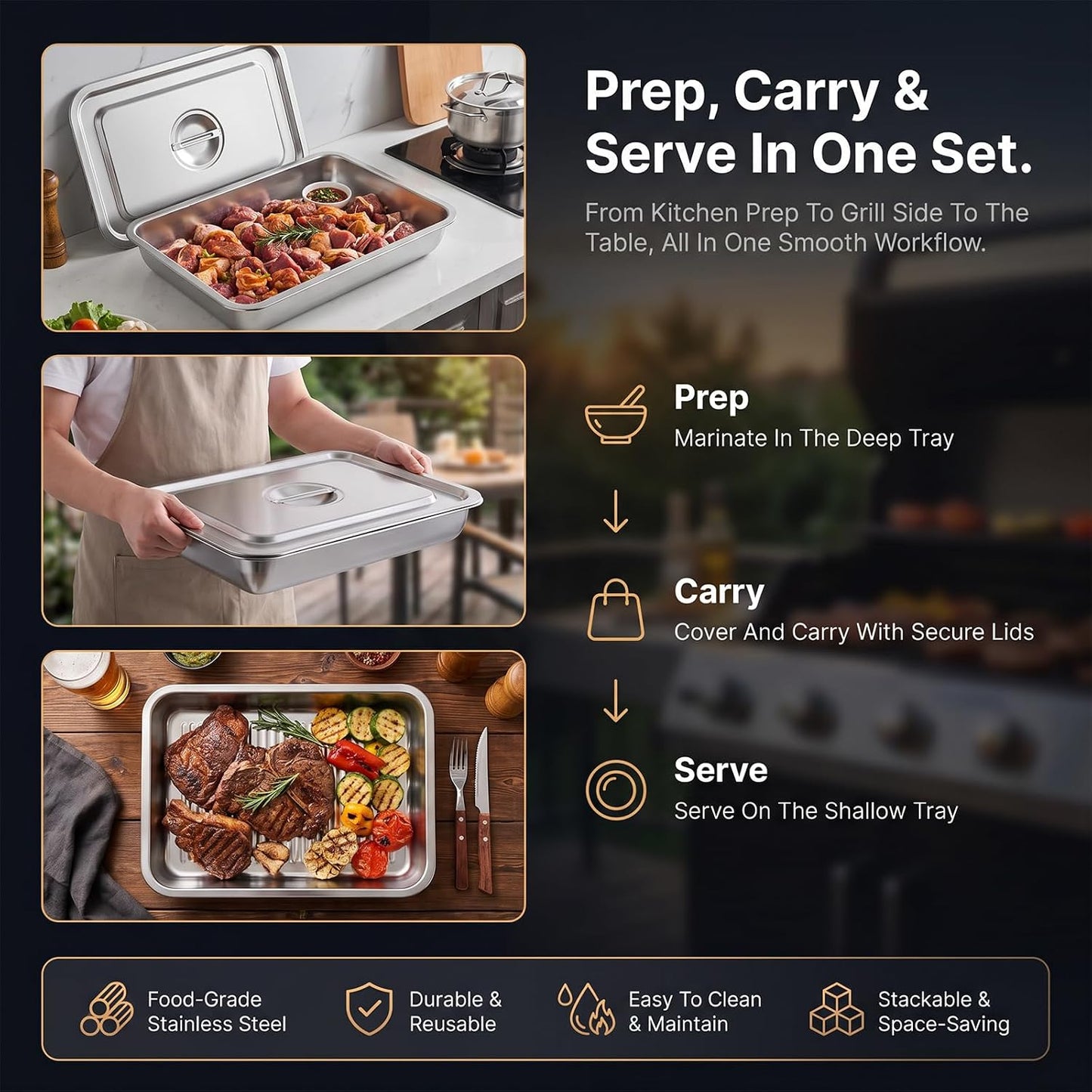 Grilling Prep and Serve Tray Set with Lids, Set of 5 Food Prep System, Includes Stackable Stainless Steel BBQ Trays, Deep Marinating Container and Raised Racks for Marinating, Carrying & Serving
