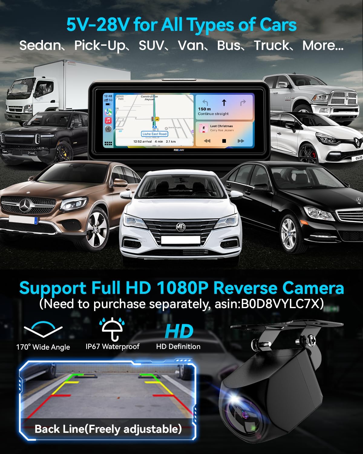 Portable Apple Carplay Screen for Car, Touch Screen with Wireless Android Auto, Car Audio Receivers with Voice Control, Mirror Link, Music Play, GPS Navigation, Built-in Customized Speakers (Black)