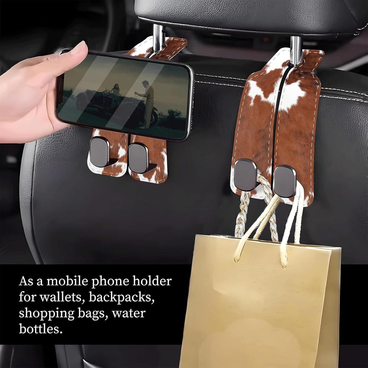 Car Seat Headrest Hook, Universal Leather Cute Hanger Holder Hook, Storage Organizer Interior Accessories for Purse Bags Handbag Brown White Cowhide