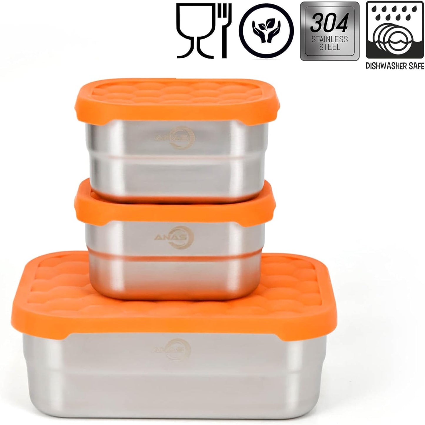 Anas 3-PK of Metal Food Storage Containers with Lids - Stainless Steel, Compact Stackable, Leak Proof, Dishwasher Safe and Microwavable for Lunch, Work, School Travel, Bento Box