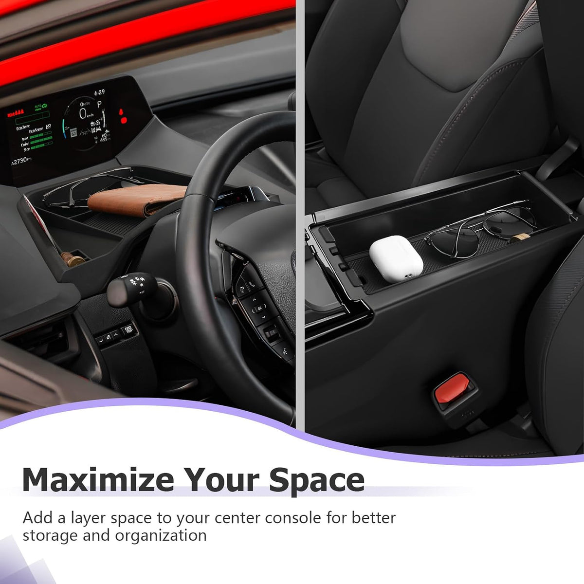 LUWU 2026 2027 Prius Accessories for 2023 2024 2025 2026 2027 Toyota Prius LE/XLE/Limited/Nightshade Dashboard Storage Tray, Center Console Organizer Armrest Console Tray Storage Box Black 2-Pack
