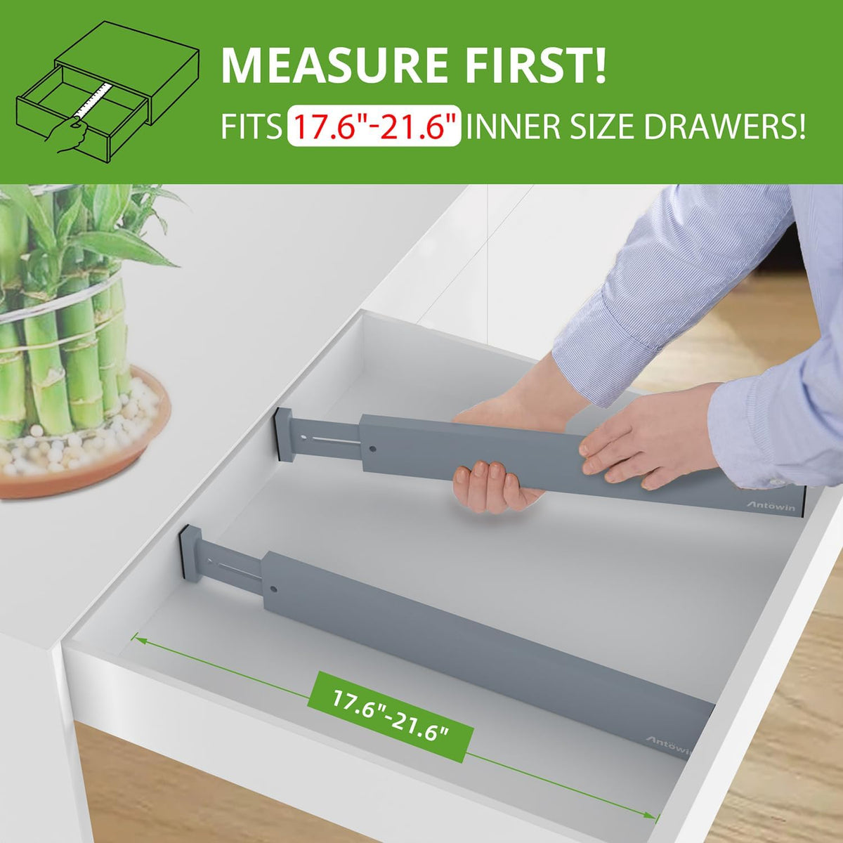 ANTOWIN Expandable Bamboo Drawer Dividers, Fits 17.6-21.6" Drawers