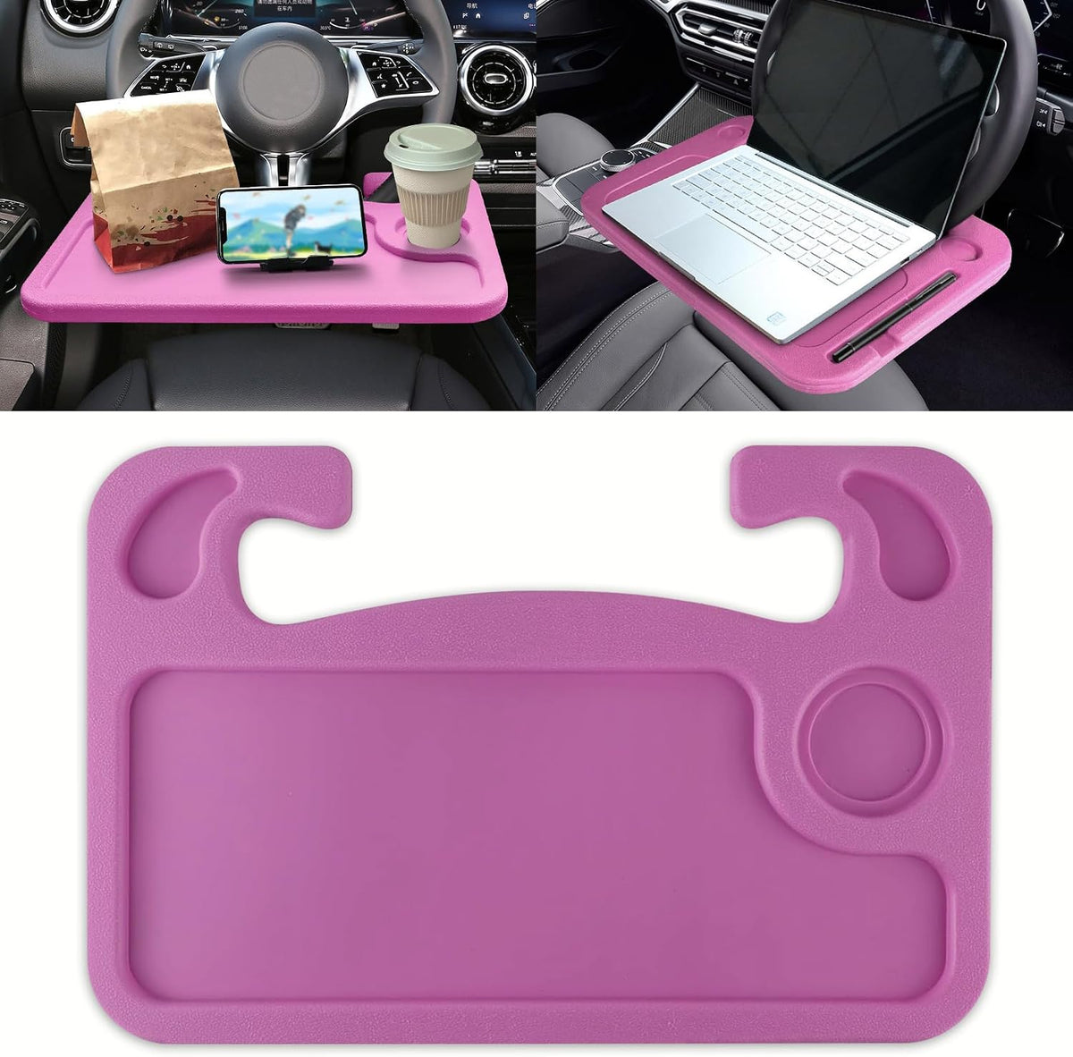 Car Steering Wheel Desk, Steering Wheel Tray, Computer Office Car Table Tray, Travel Car Accessories Multipurpose Auto Travel Table with Food Hook and Eating Tray for Most Vehicles (Pink)