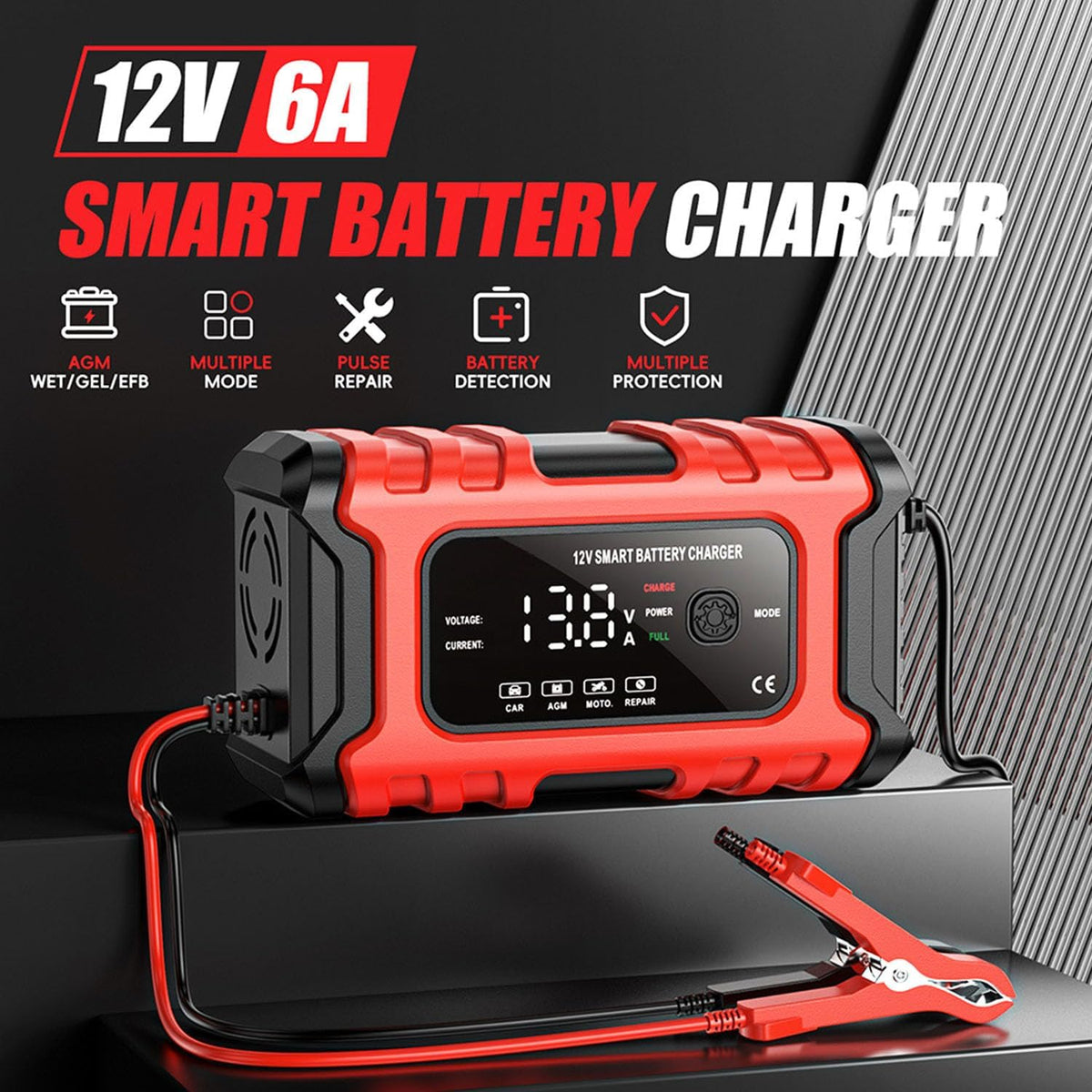 12V 6-Amp Battery Charger, Smart Trickle Charger Maintainer, Battery Repair