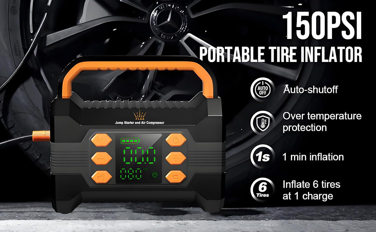 FLAA Jump Starter with Air Compressor 6000A, Portable Car Battery Booster, Jumper, 150PSI Tire Inflator, Power Pack, USB-C Quick Charge, for 12V Cars, Trucks, SUVs, 8.5L Gas/6.5L Diesel