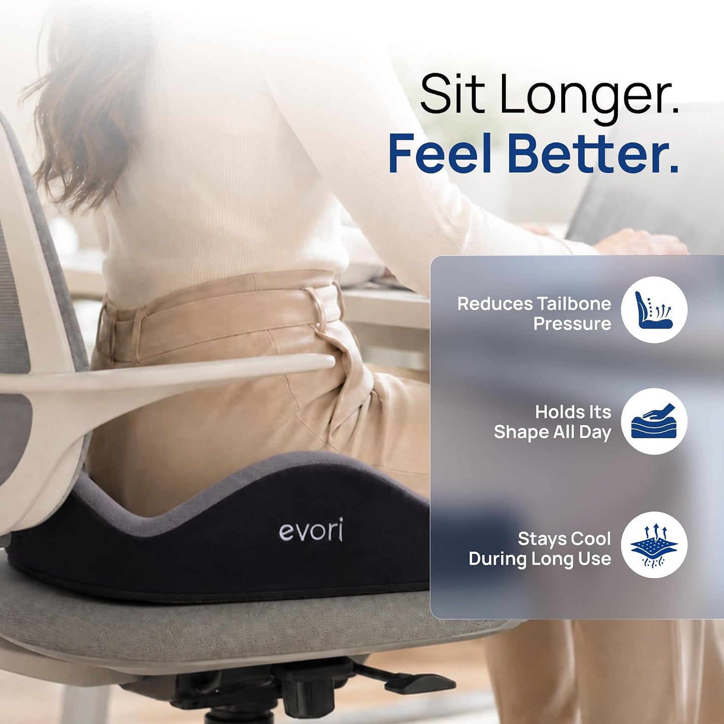 evori Comfort Cushion – Memory Foam Cushion for Office Chair, Car & Computer Chair, Ergonomic Support for Long Sitting & Daily Use