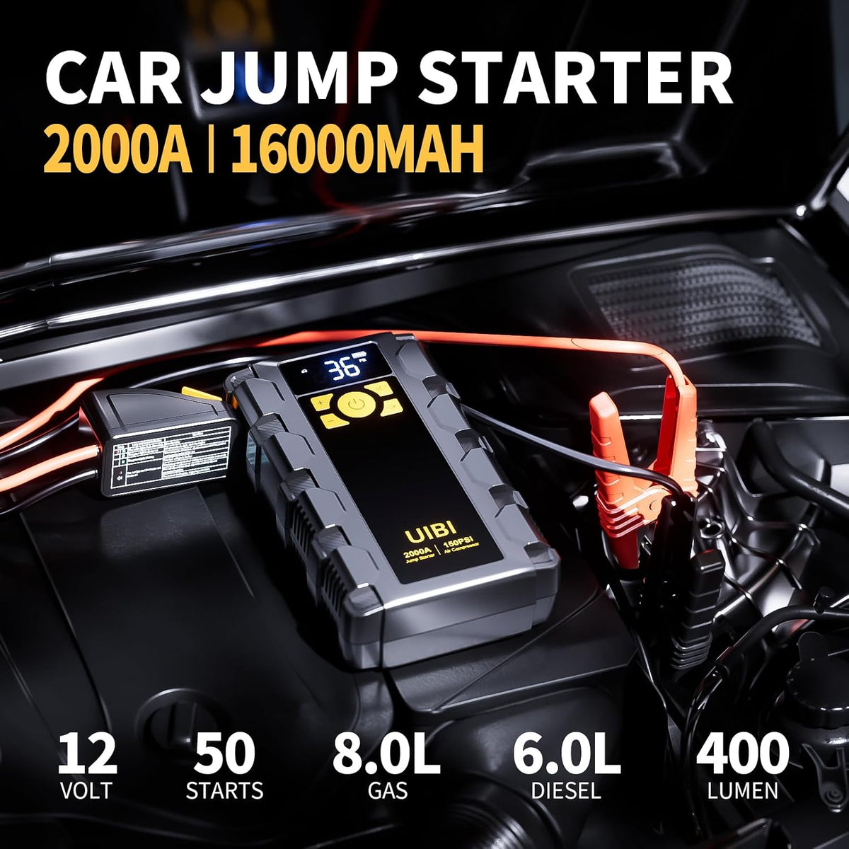 UIBI X5 Car Jump Starter 2000A with Built-in 150PSI Tire Inflator,16000mAh Power Bank & SOS Light for 8.0L Gas/6.0L Diesel Car Truck RV Road Trip Emergency