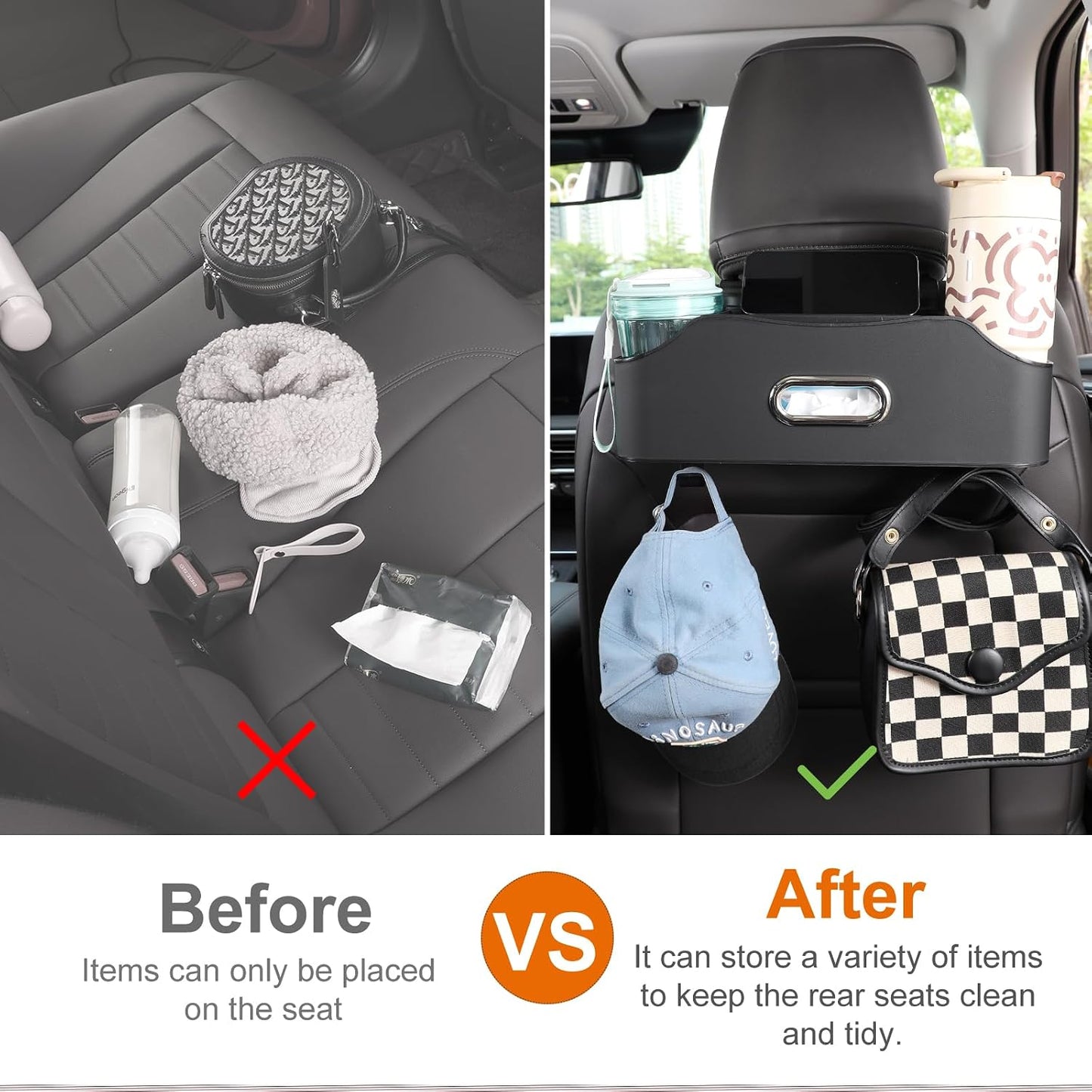 Back Seat Cup Holder for Car – Multifunctional Seat Back Organizer with Drink Holders, Tissue Box Storage & Hooks, Fits Headrest for Auto. Black