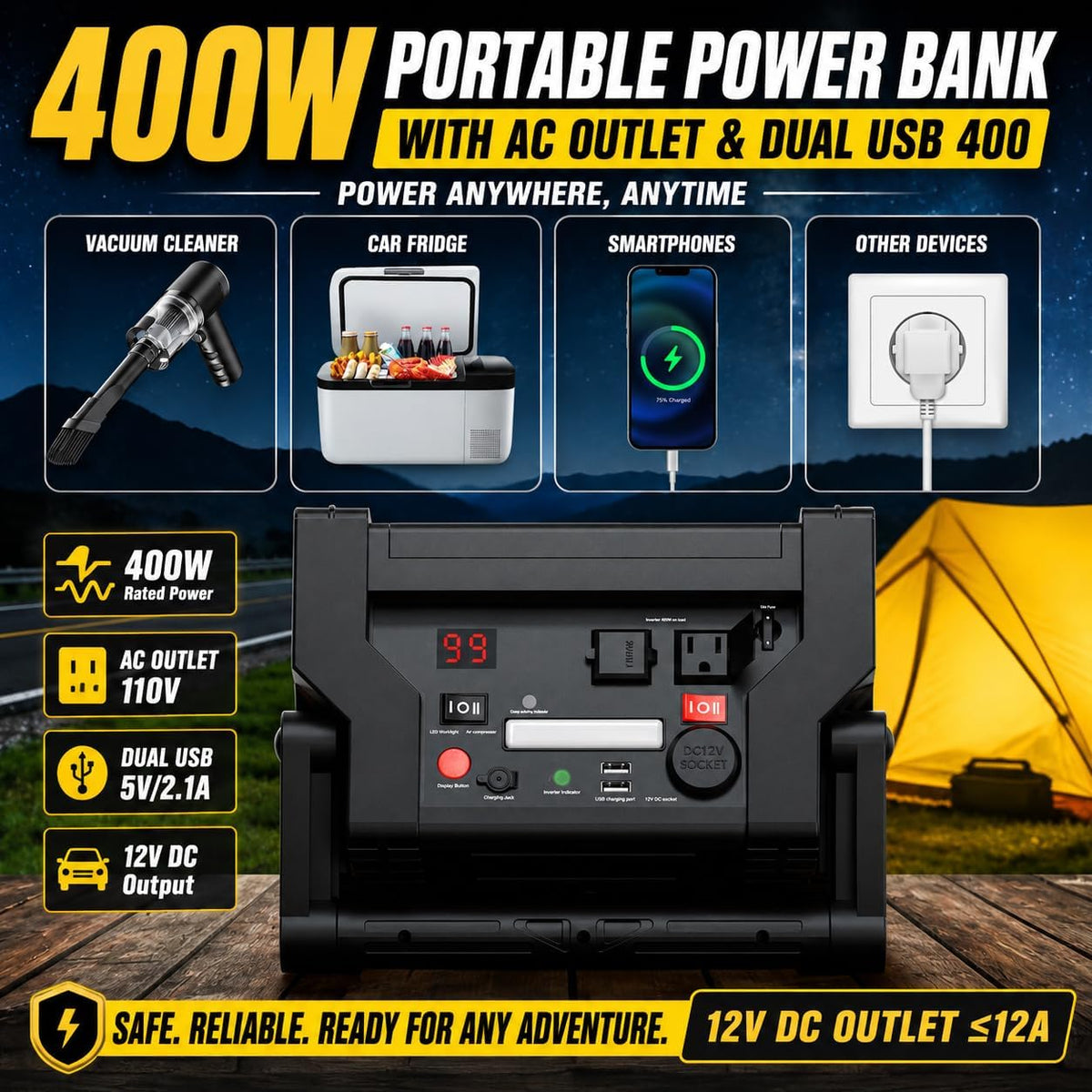 2000A Peak Heavy-Duty Jump Starter with 260 PSI Air Compressor, 12V Jump Box for Cars, Trucks & SUVs, Up to 8.0L Gas or Diesel Engines, 20,000mAh Power Pack, USB/DC Ports & 400-Lumen LED Light