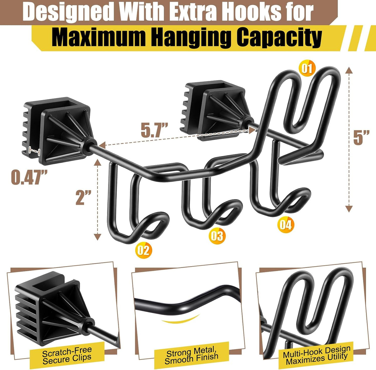 Hard Hat Holder for Truck Car Helmet Organizer, Triple Hooks, Black, 1 Pcs