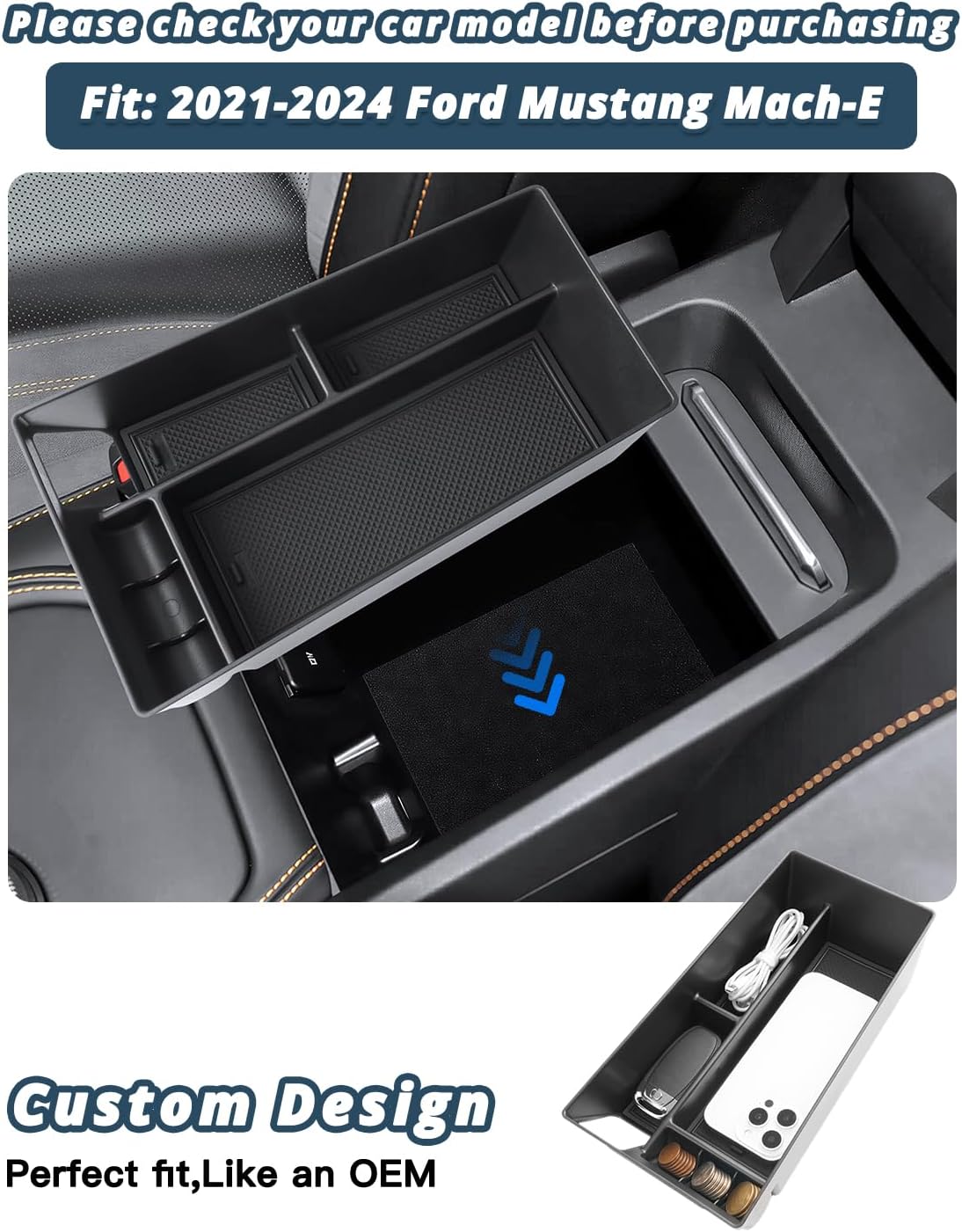 Ruiya 2021-2024 Mach E Center Console Organizer for Mustang Mach‑E accessories ABS Armrest Console Organizer Compatible with 2021 2022 2023 2024 Mustang Mach E All Trims (Select, Premium, GT, Rally)