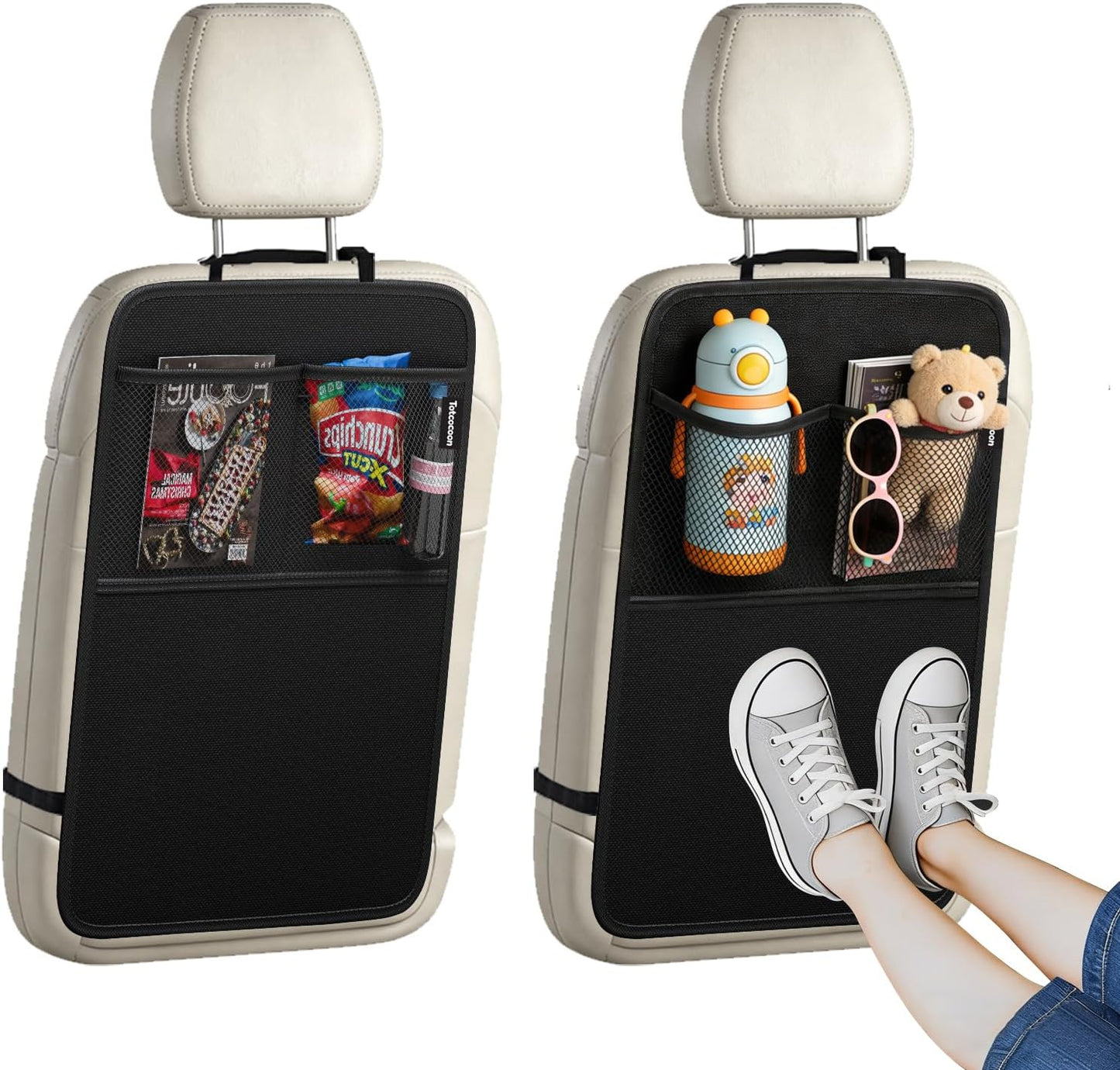 Car Back Seat Protector, 2-Pack Black Waterproof Kick Mats with Custom Storage Pockets, Universal Fit 600D Oxford Fabric Backseat Covers, X-Large Size with Zipper Storage Bag