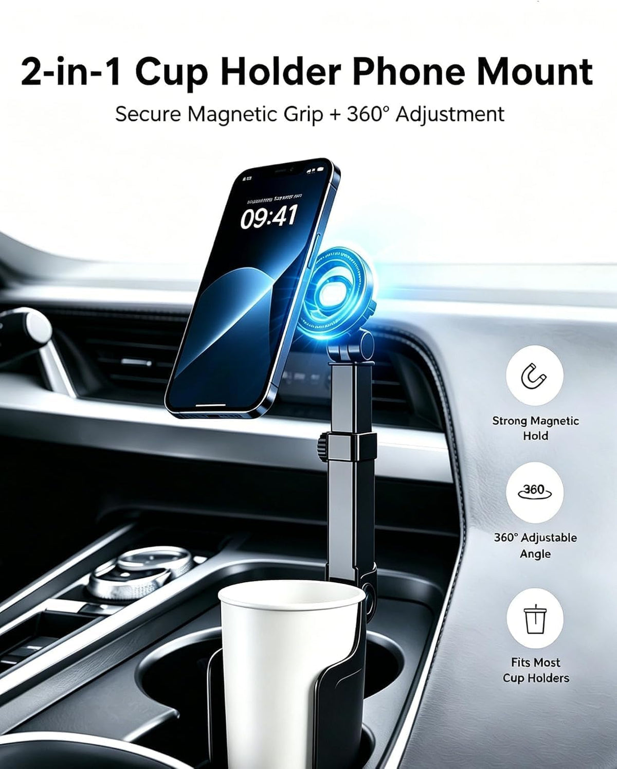 Car Cup Holder Phone Mount, 360° Adjustable, 2 in 1 One Hand Operation Car Holder, Adjustable Base Cupholder Phone Holder for All Phones(Magnetic)