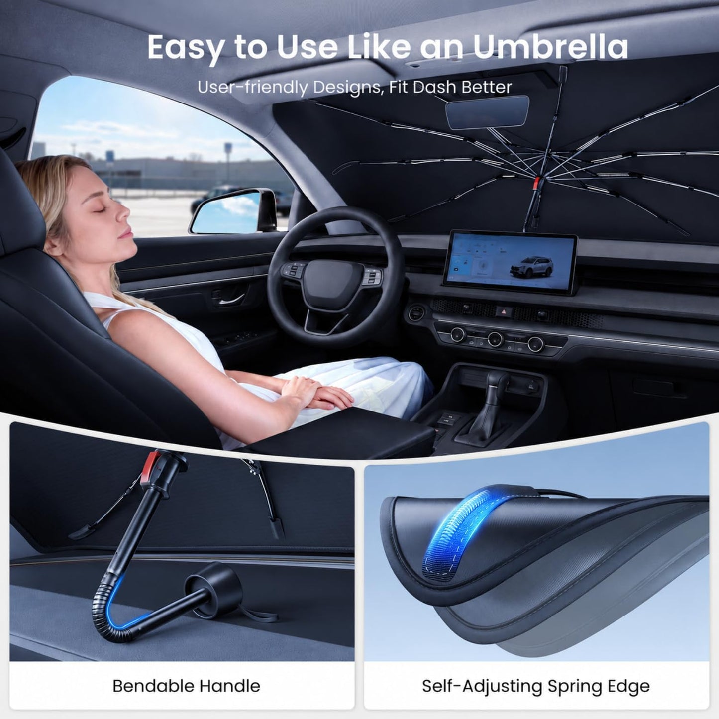 REEVAA 2026 Upgraded Windshield Sun Shade Umbrella [100% Sun Protection & Keep Cool] Protect Interior, 360° Flex Handle Sun Shield Sunshade for SUV & Pickup Truck, M(57" L x 32" W)