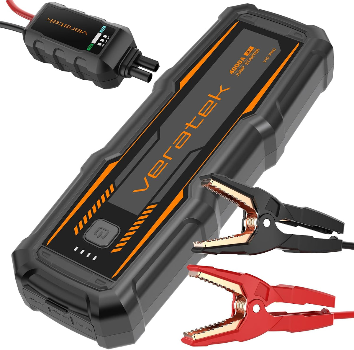 ReelCharge - Veratek V10 Pro 4000A Car Battery Jump Starter Portable (10.0L Gas & 8.0L Diesel) – 12V Lithium Battery Booster Pack with SmartCharge Safety, Jumper Cables, 24000mAh Power Bank, Jump Box