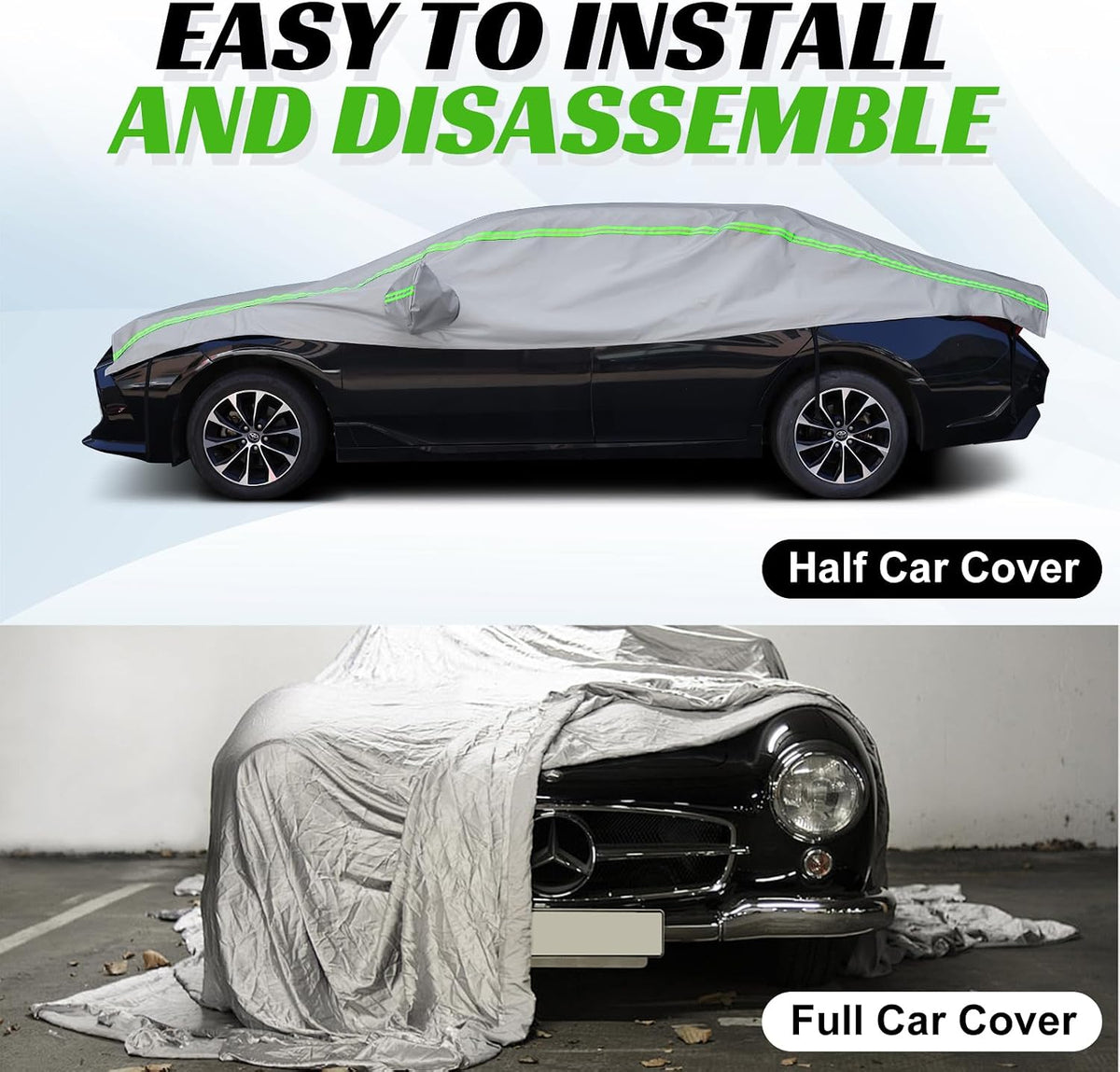 Half Car Cover with Green Reflective Strip, Windshield Cover for Ice and Snow with Cotton Liner, Hail Protector Car Cover Waterproof All Weather for Snow, Sun, Rain, Dust, UV Protection Fit SUV M