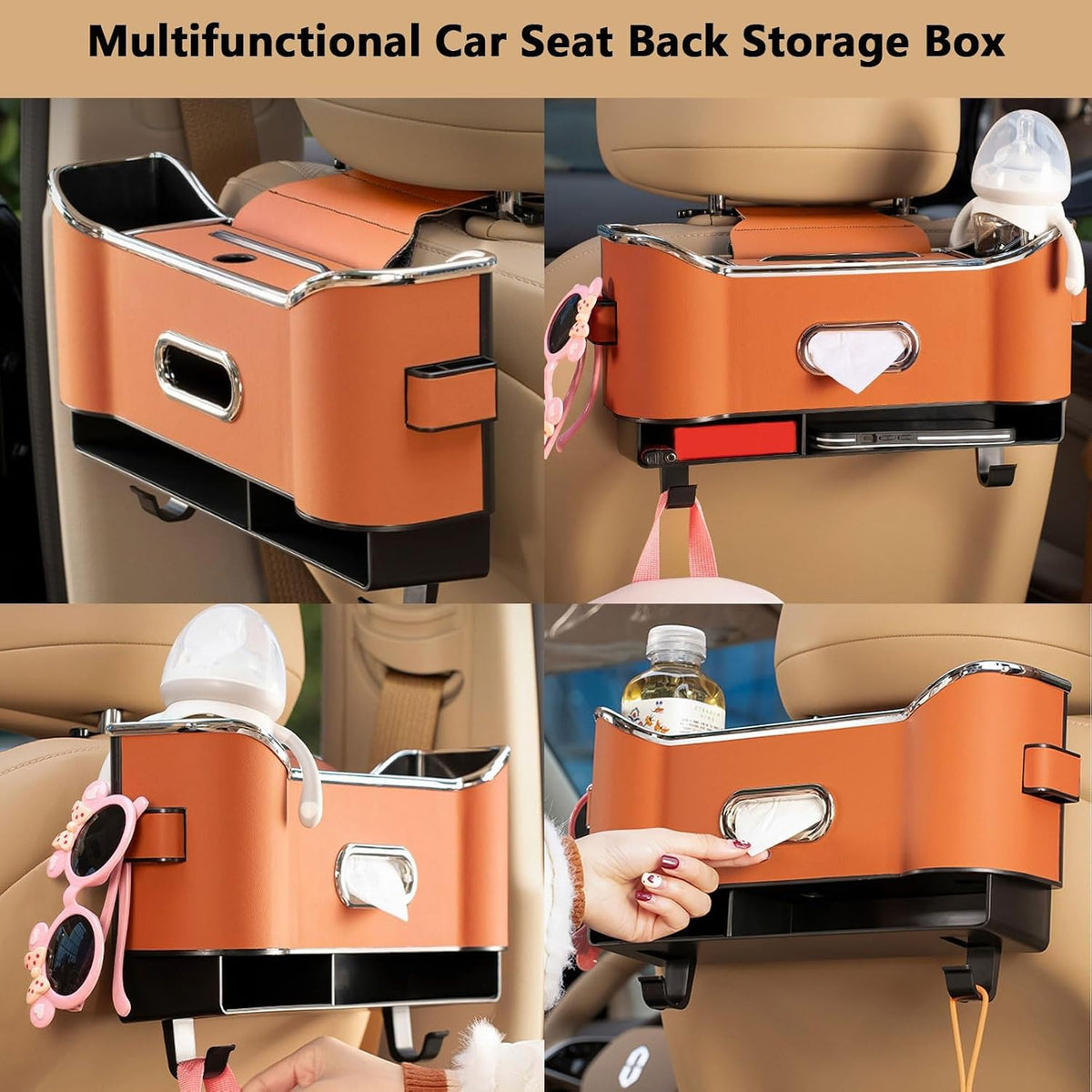 Multifunctional Car Seat Back Storage Box, Car Seat Tissue Box and Storage Box, Universal Car Tissue Organizer Back Seat with 2 Drink Cup Holder (Orange)