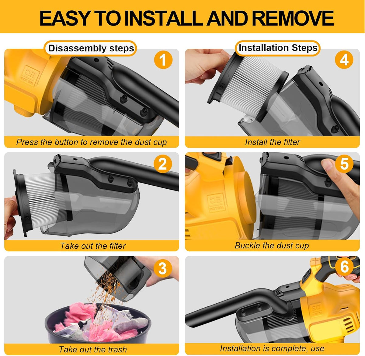 Cordless Vacuum Cleaner for De-Walt 20V Battery,100 AW Handheld Vacuum Cleaner with Washable HEPA Filter,55CFM Portable Shop Vacuum for Car/Pet Hair/Carpets/Hard Floors(No Battery)