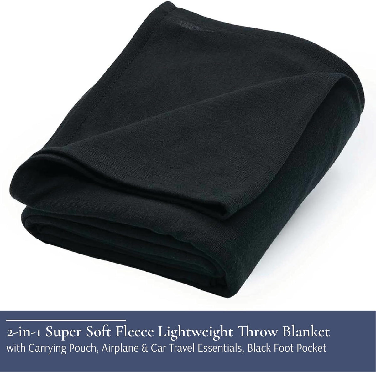 Brookstone Travel Blanket - Super Soft Fleece Throw Blanket with Foot Pocket, Lightweight & Compact Travel Blanket, Plane & Road Trip Essentials, Black Foot Pocket