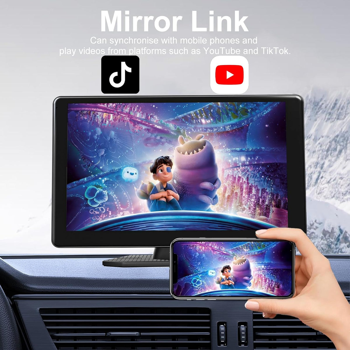 9-Inch Wireless CarPlay & Android Auto Car Stereo with 1080P Backup Camera, 4K Dash Cam, HD Portable Touchscreen/GPS Navigation/Mirror Link/AUX & FM Transmitter/Voice Control for All Vehicles