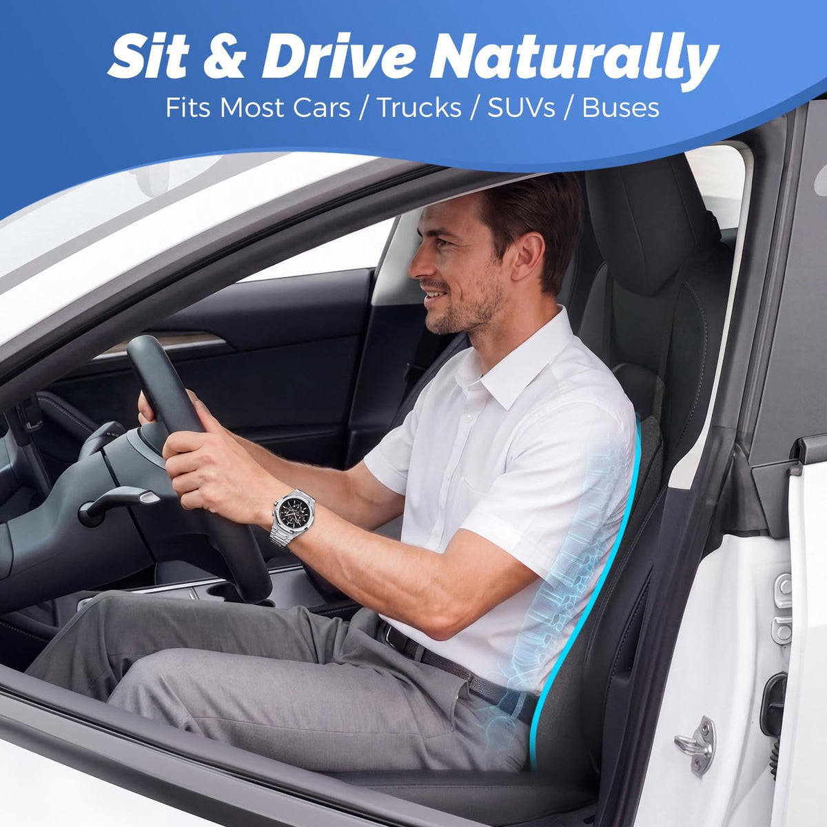 Dreamer Car Lumbar Support Pillow for Car – Memory Foam Whole Back Relief | Adjustable Straps, Washable Cover, Anti-Slip – Daily Commute & Long Trips – 16.9"x20.9"(2.4" Thin) – Trusted by Pro Drivers