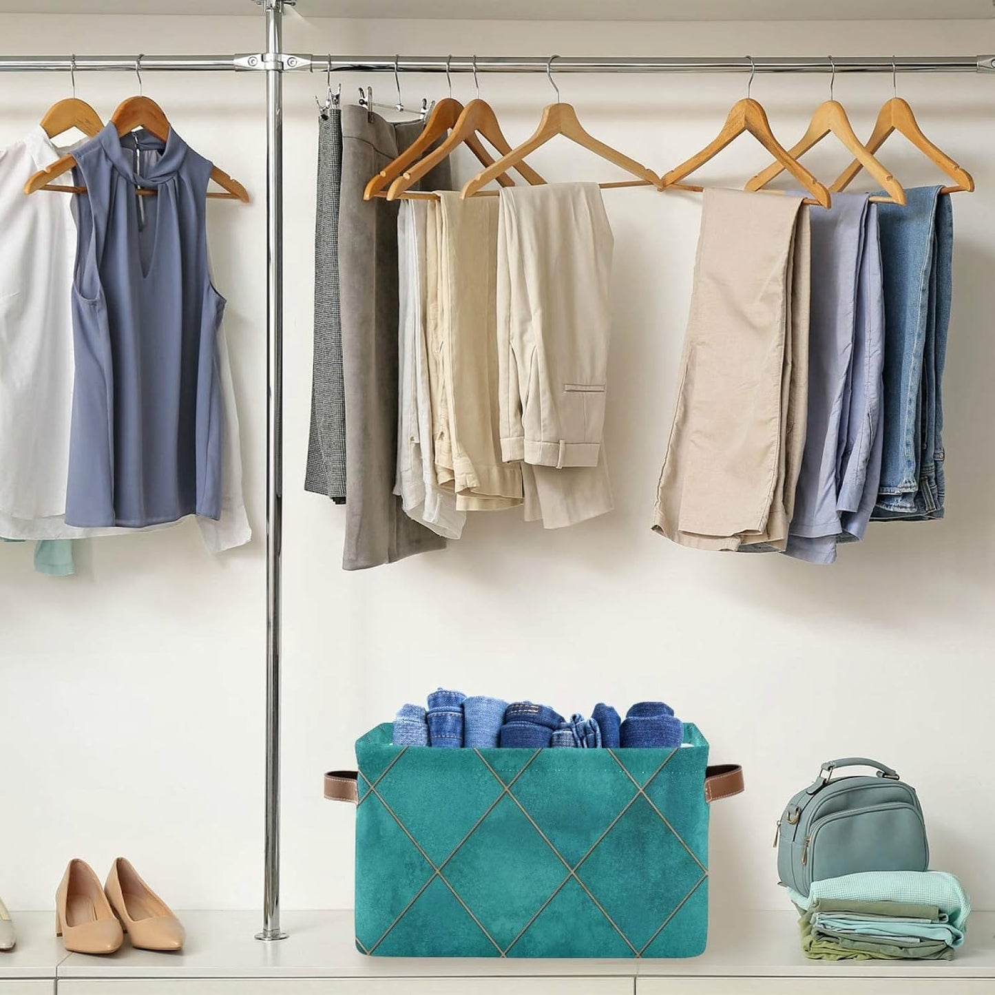 Blueangle Teal Watercolor Geometric Plaid Rectangle Storage Bin, 15 x 11 x 9.5 in, Collapsible Organizer Storage Basket for Home Décor, 2PCS