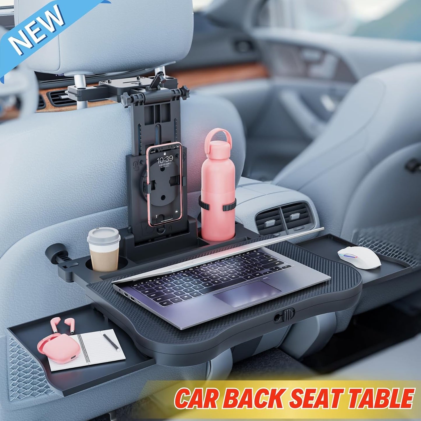 Large Foldable Backseat Tray Table, Car Laptop Desk with Cup Holder, Back Headrest Passenger Food Tray, Phone Tablet Holder, Multifunctional Travel Desk, Car Essentials for Kids & Long Road Trips