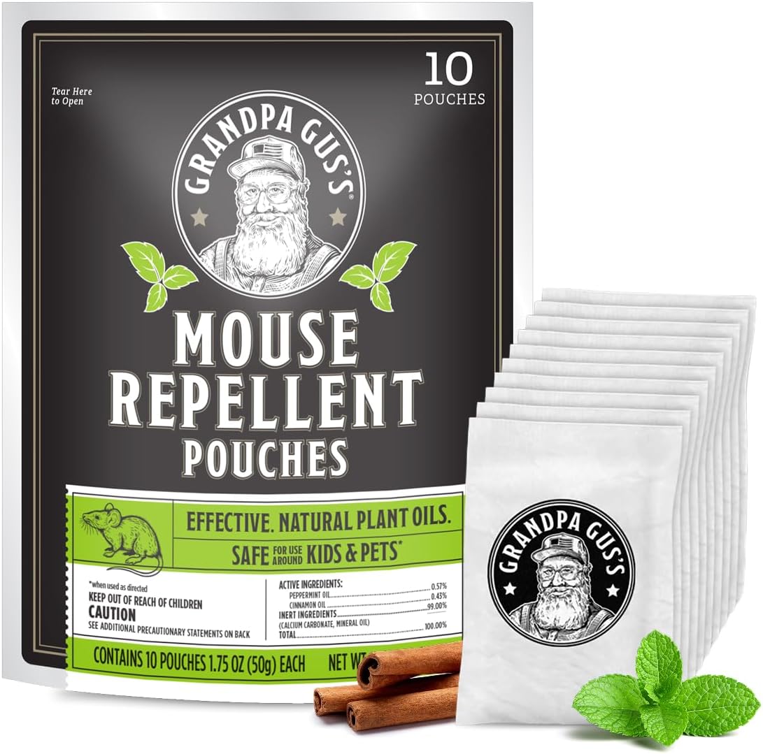 Grandpa Gus's Natural Mouse Repellent Pouches, Cinnamon/Peppermint Oils Repel Mice from Nesting in Home/Cabin/Boat/Car Storage/RV/Machinery/Shed (10 Pouches)