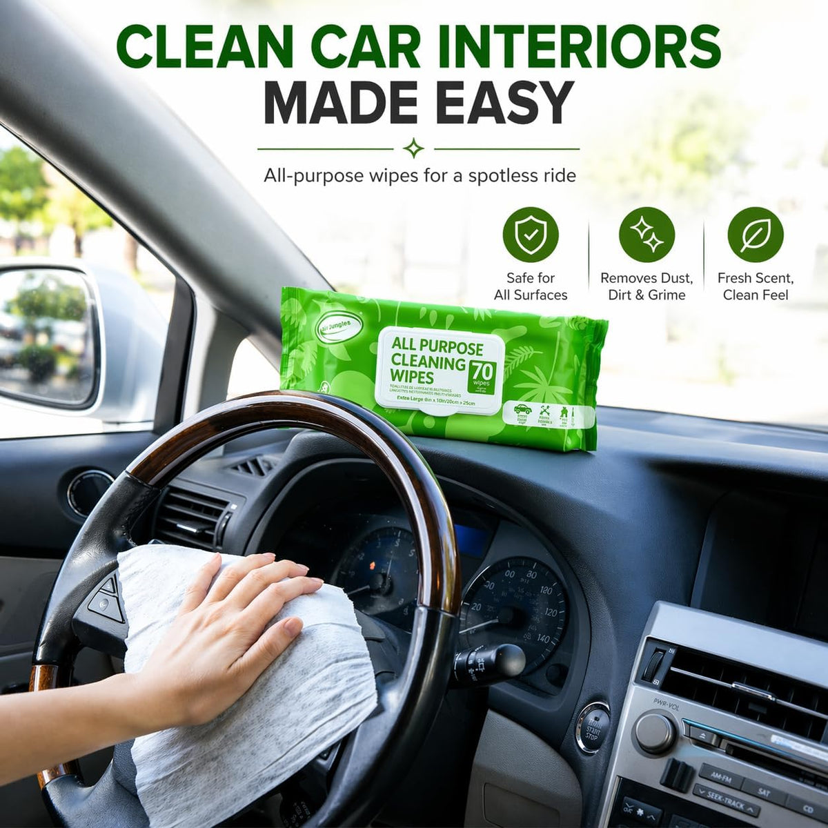 Air Jungles All Purpose Cleaning Wipes 70 Count, XL 8x10 Inch | Heavy Duty for Car Interior, Kitchen, Bathroom, Gym Equipment, Tools, Non-Toxic Safe For Multi-Surface