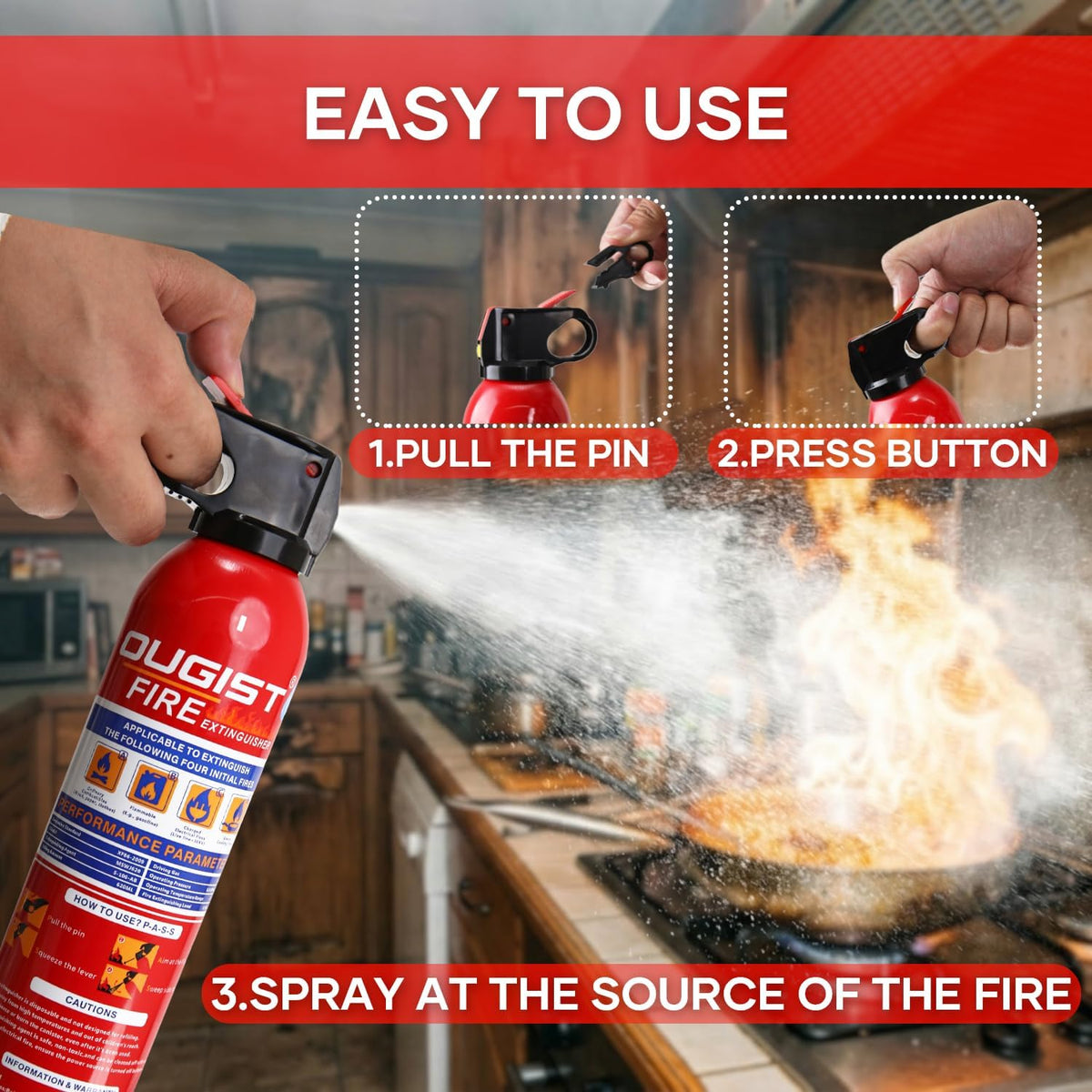 Multipurpose Fire Extinguisher (4 Pack, 21oz Each) with Wall Mount Bracket, Water-Based Foam No Residue, for Kitchen Grease & Electrical Fires, Portable Small Extinguisher for Home, Vehicle & Office