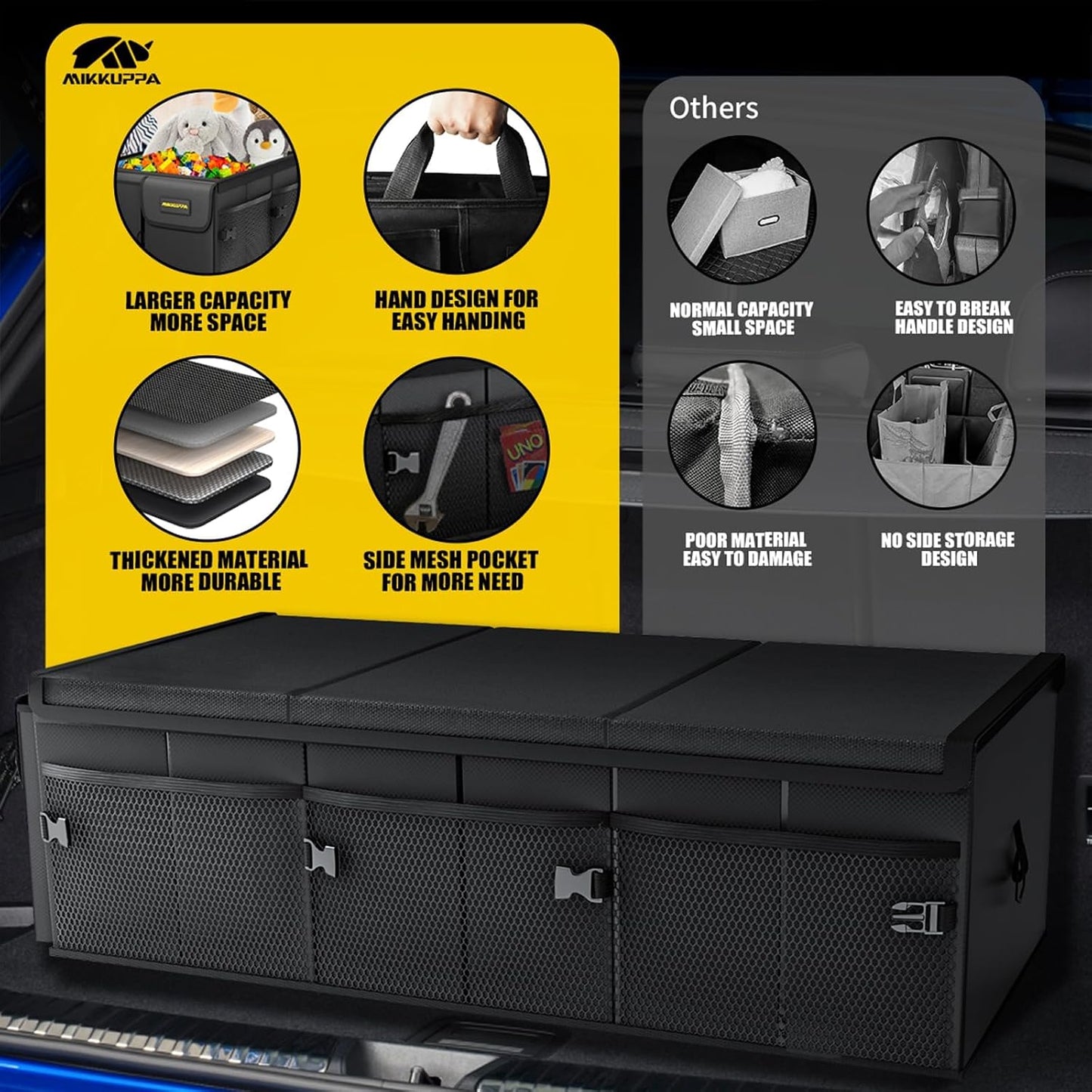 MIKKUPPA Car Trunk Organizer - 95L Collapsible Trunk Organizer with Lid, Sturdy Car Storage for SUV Auto Truck Van with Adjustable Straps and Non Slip Bottom (Black, XX-Large)