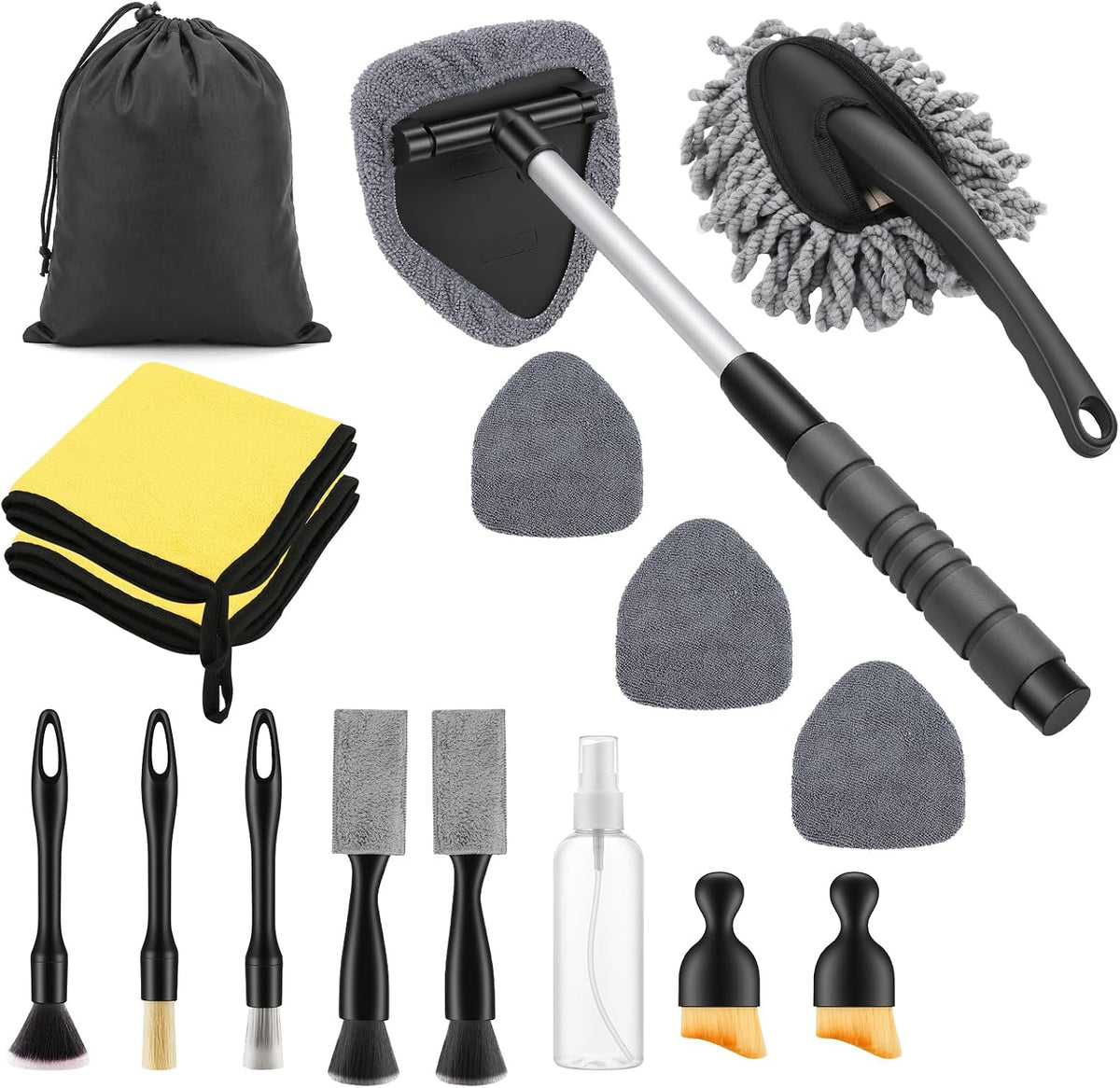 17Pcs Car Cleaning Kit Windshield Cleaner Tool with 3 Extra Microfiber Pads Car Interior Detailing Brushes Dash Duster & Microfiber Towels All-in-One Car Cleaning Supplies for Women Men