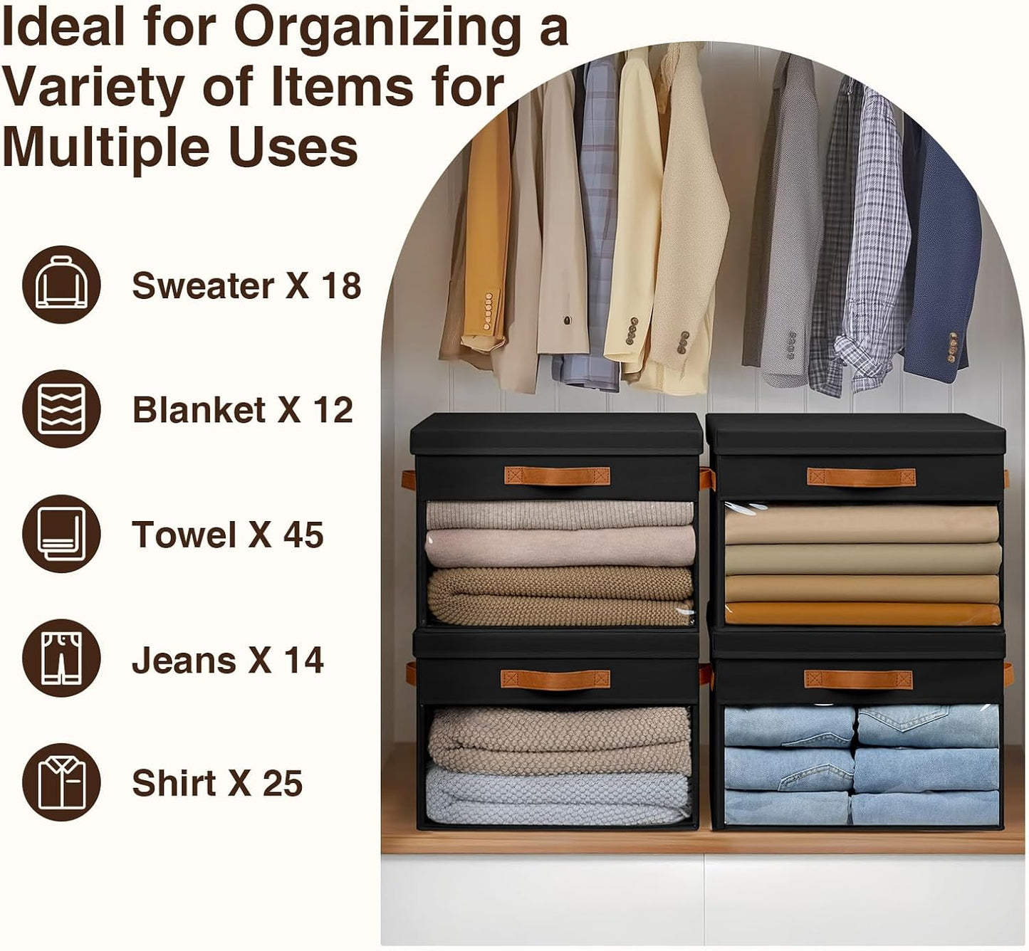 Homsorout Large Storage Bins with Lids - 4 Pack Foldable Decorative Organizers with Clear Windows & Handles, Cube Storage Organizers for Clothes, Blankets, Sweaters, Sheets, Black