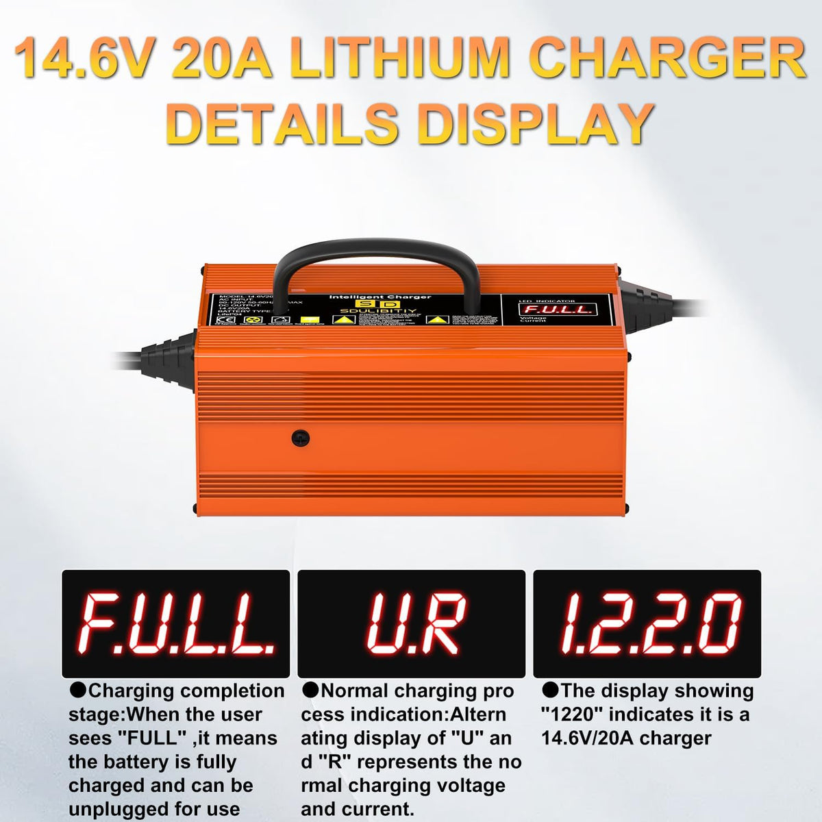 12V 20A Lithium Battery Charger 14.6V Lithium Iron Phosphate Battery, LED Display, Lifepo4 Battery Charger for Lifepo4 Deep Cycle Battery of Car RV Marine