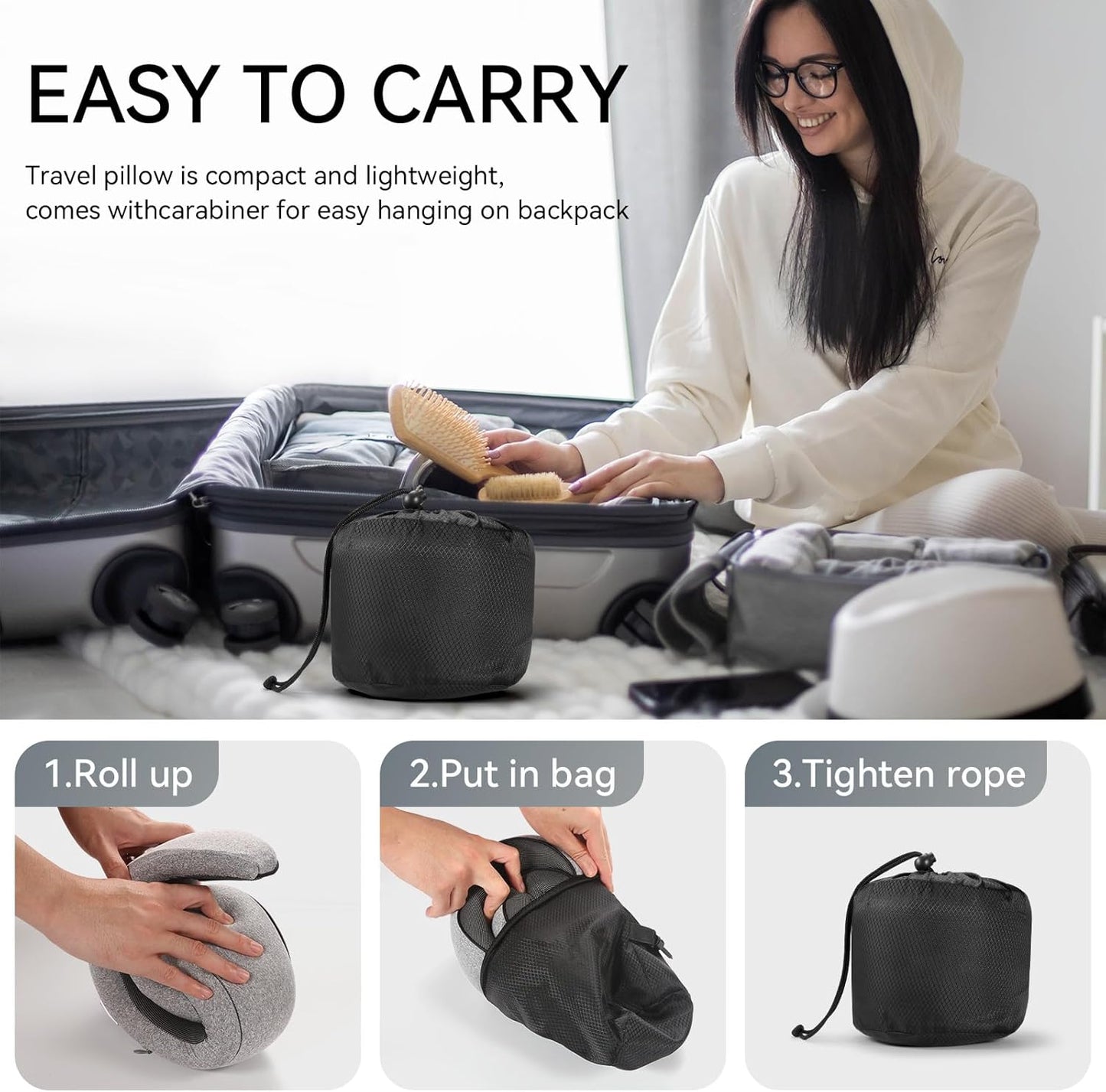 SZXYX Travel Pillows - 100% Pure Memory Foam Neck Pillow for Airplanes, Comfortable Breathable Cover, 360° Support Stowable Pillows for Sleeping, Car, Airport Travel Essentials Dark Grey