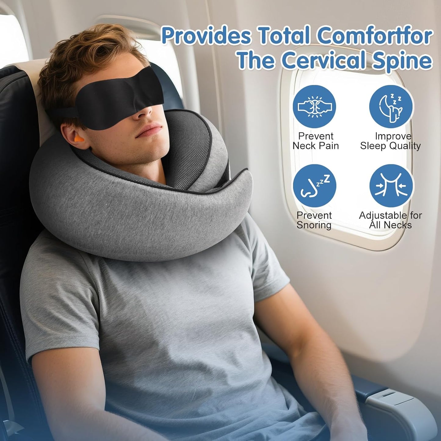 Travel Neck Pillow, Memory Foam Neck Support for Airplane, Car & Office, Breathable Portable Design with Eye Mask, Earplug Holder & Carry Bag, for Men&Women