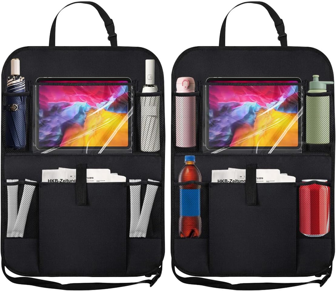 2PCS Car Backseat Organizer with Clear 10" Tablet Holder + 5 Storage Pockets - Seat Back Protector Kick Mats for Kids - Car Back Seat Storage Organizer - Road Trip Essentials Travel Accessories