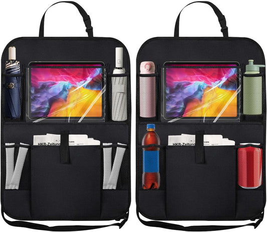 2PCS Car Backseat Organizer with Clear 10" Tablet Holder + 5 Storage Pockets - Seat Back Protector Kick Mats for Kids - Car Back Seat Storage Organizer - Road Trip Essentials Travel Accessories