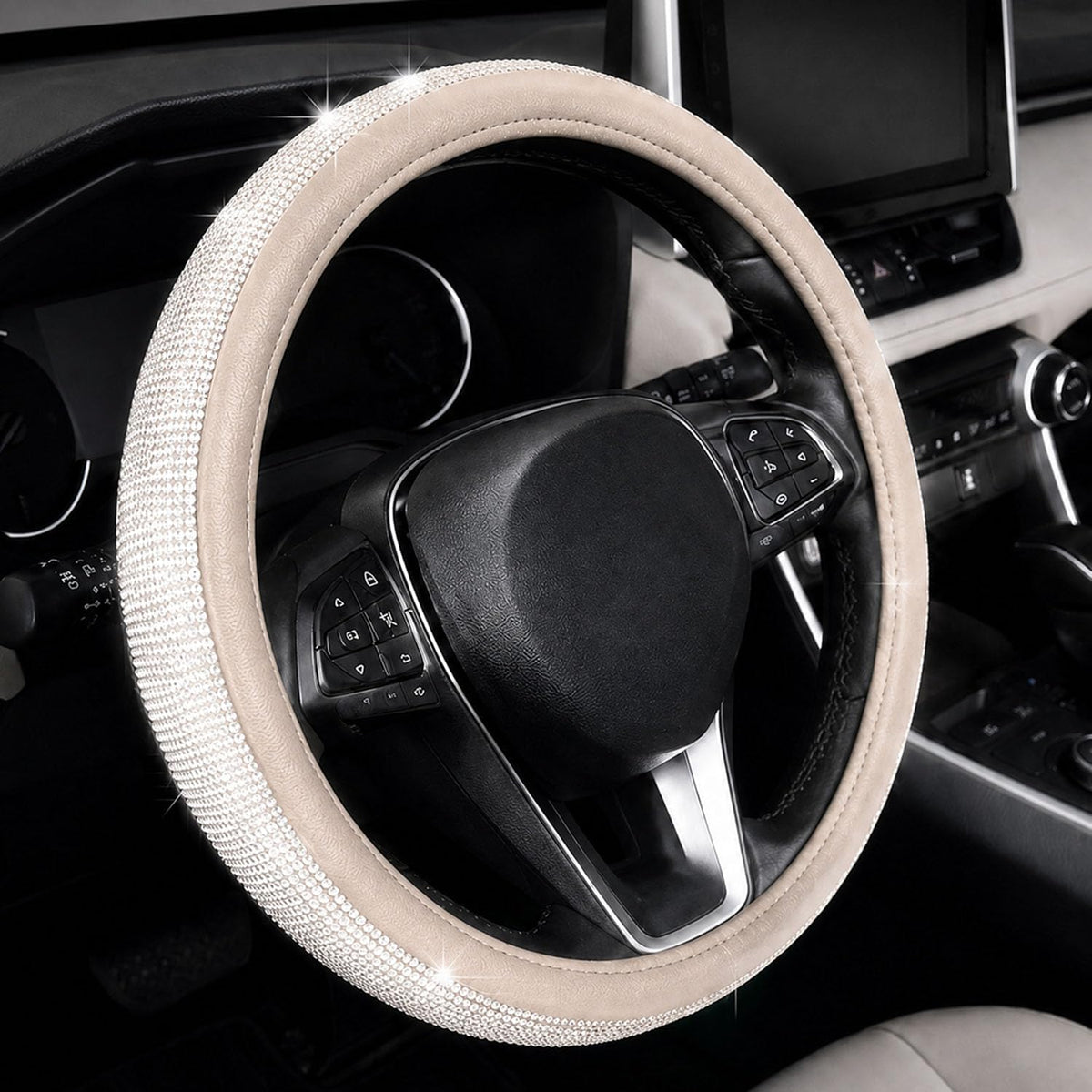 Diamond Black Leather Bling Steering Wheel Cover for Women Car Steering Wheel Protector Queen Rhinestones Anti-Slip Universal Fit 14 1/2-15 inch