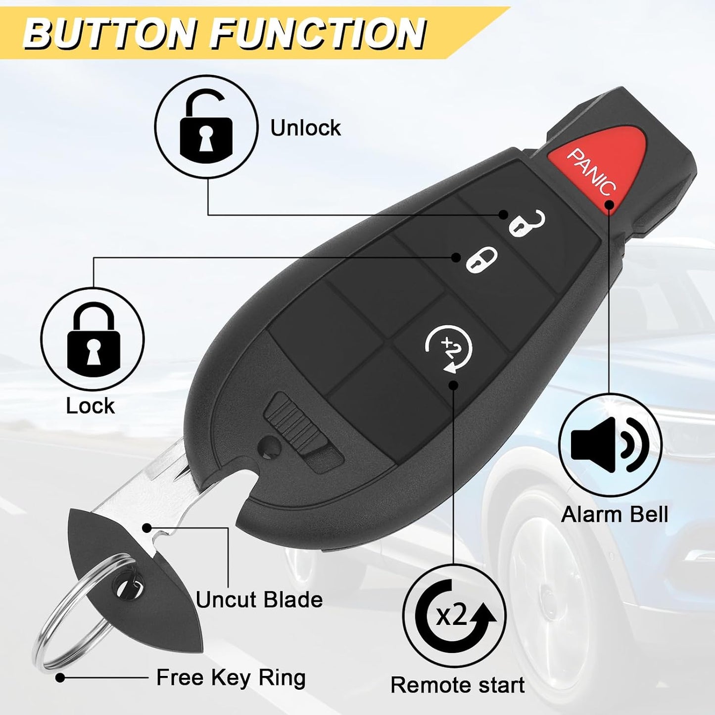 Vurkcy Key Fob Replacement for 2013-2021 Dodge Ram 1500/13-18 Ram 2500 3500 4500 5500 Car Keyless Entry Remote Control,GQ4-53T,4 Buttons,2Pcs