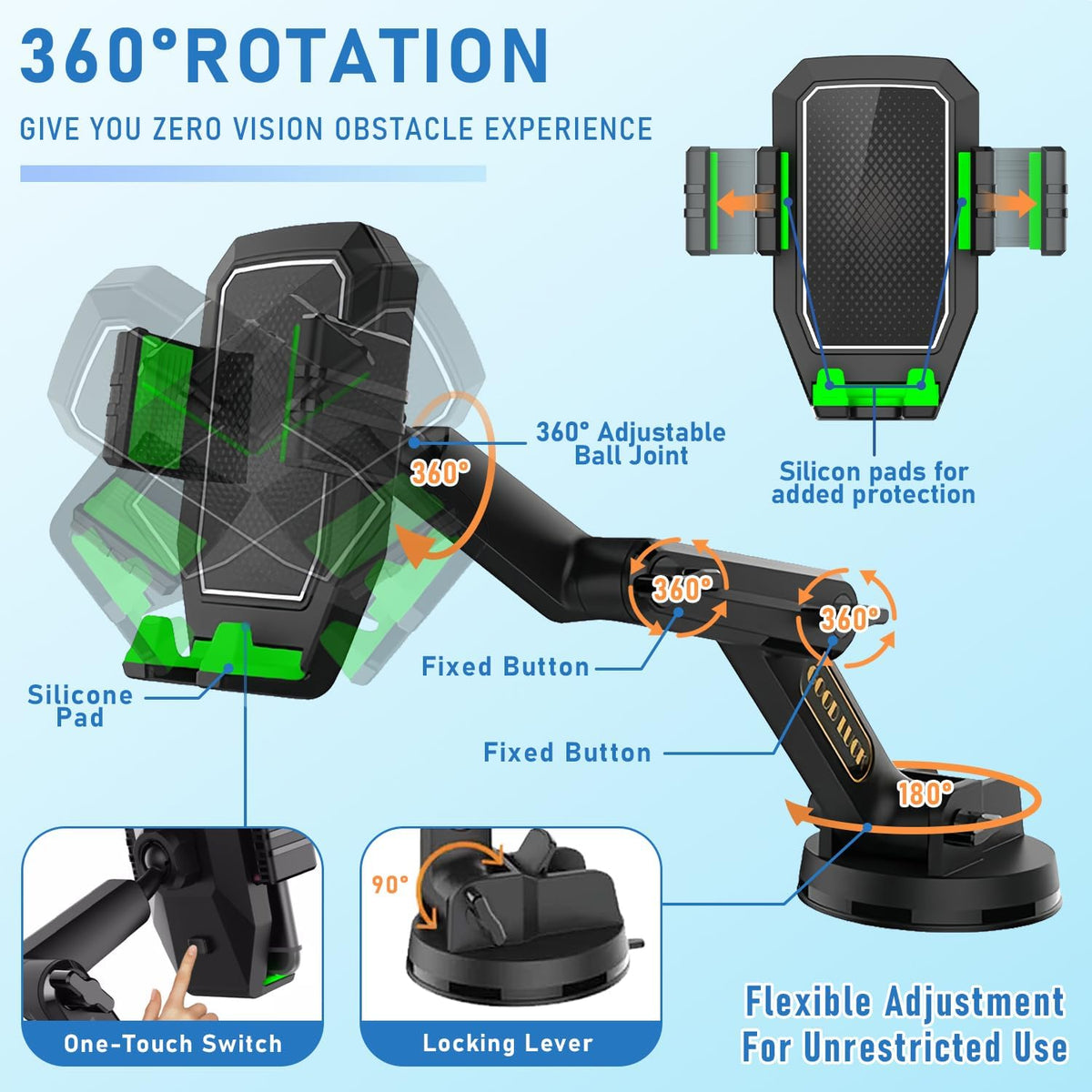 WUITIN Heavy Duty Phone Holder - Long Arm, Anti-Shake Suction Cup, Compatible with All Phones & Vehicles