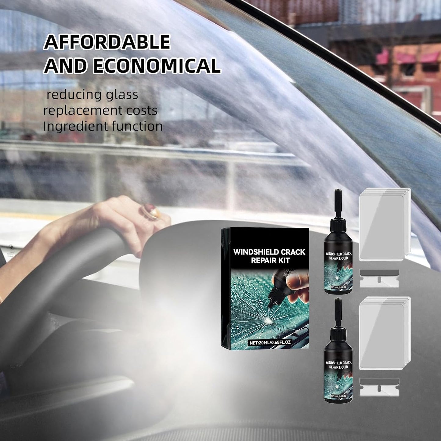2 Pack Windshield Chip Repair Kit, Glass Repair Liquid for Cracks | Windshield Crack Repair Kit for Fix Car Windows, Rearview Mirrors and Glass, 20ML Cracked Windshield Repair Kit
