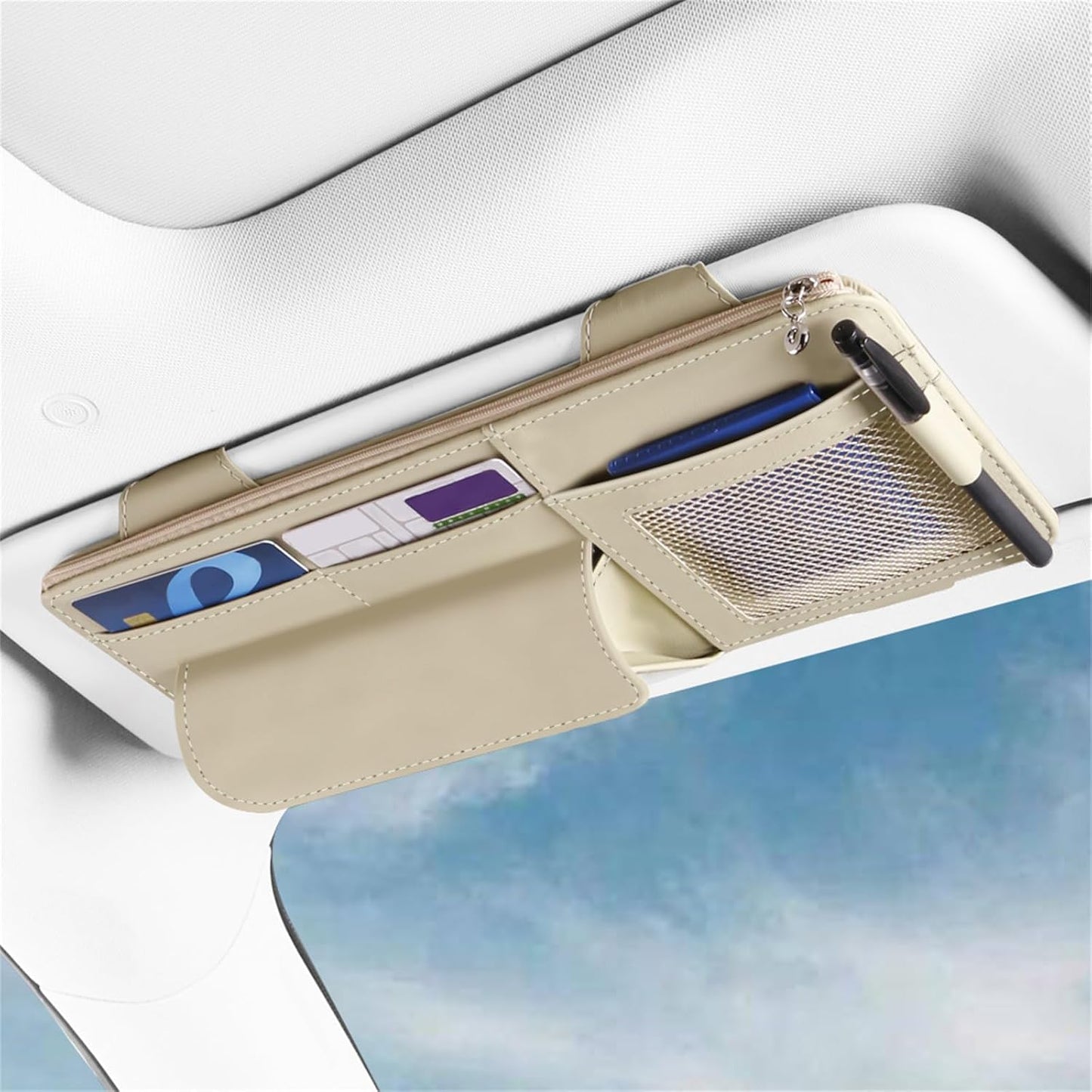 Car Visor Organizer, Multi-Pocket Sunvisor Storage with Sunglass Holder, Document Holder and Visor Card Clip, Fit for AUTO SUV & Truck, Leather Car Accessories Interior (Pink)