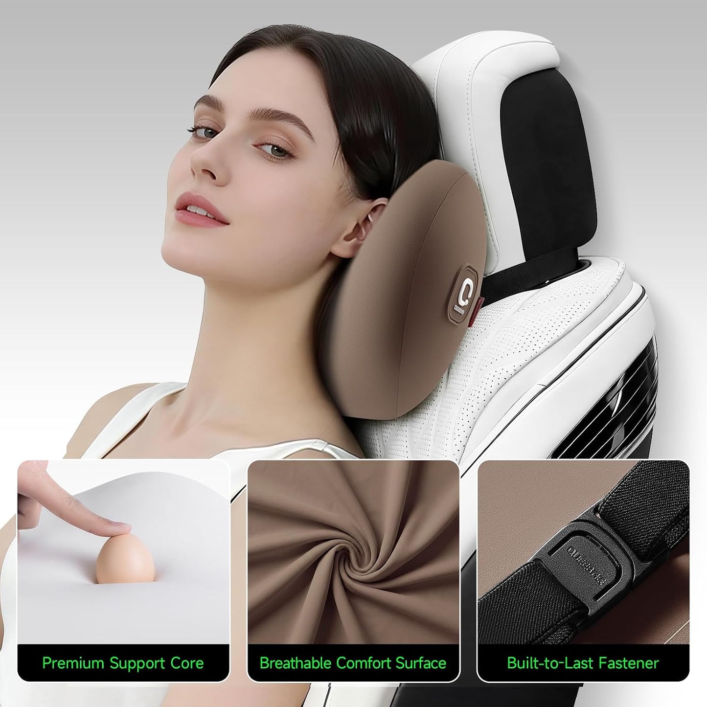 BEBAS Memory Foam Car Headrest Pillow - Breathable Neck Support Pillow for Driving, Universal Fit Cars/SUVs/Tesla/Toyota & Office Chair, Removable Cover (Brown, 4-Season)