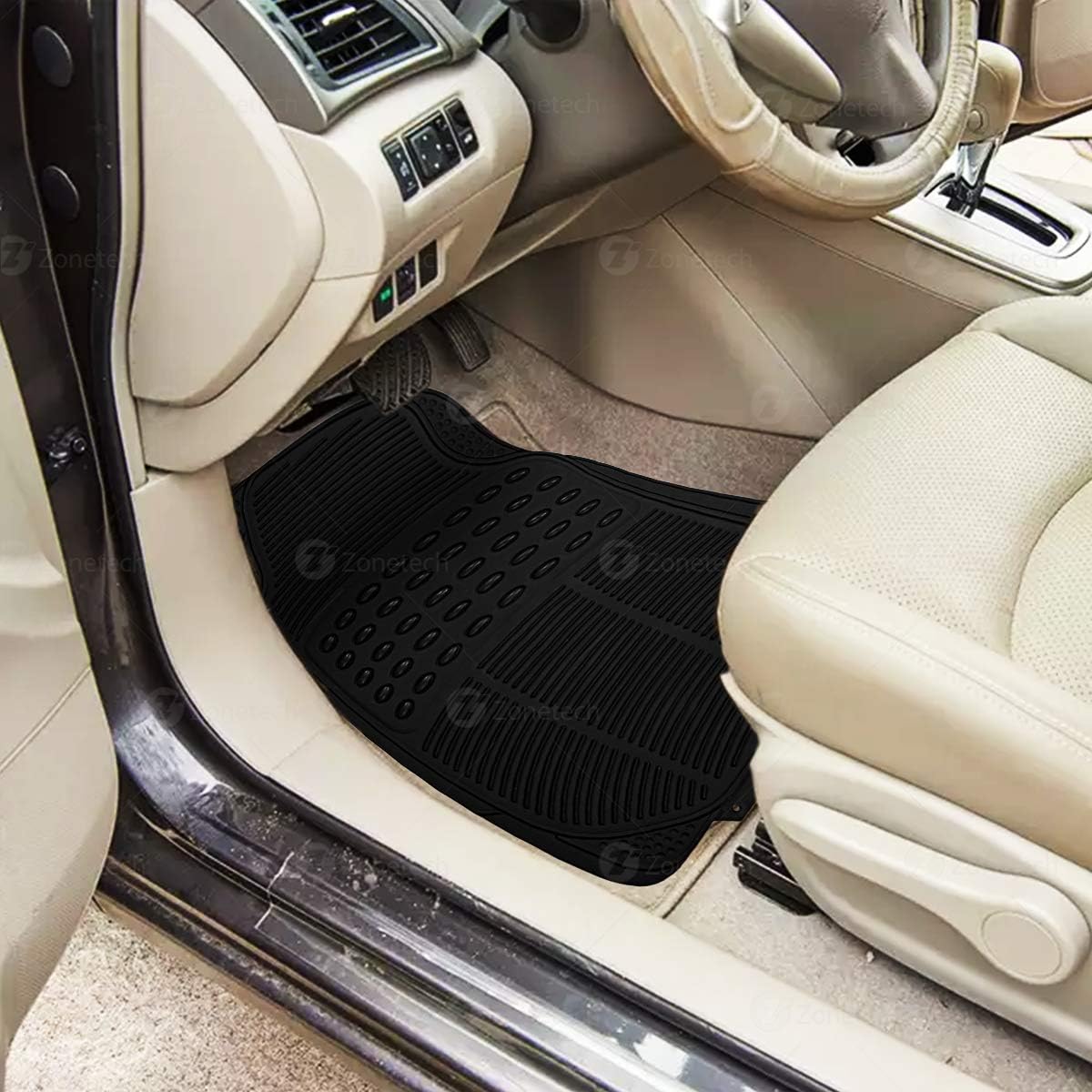 ZONETECH All Weather Rubber Semi Pattern Car Interior Floor Mats – 4-Piece Set Black Heavy Duty Car Interior Floor Mats